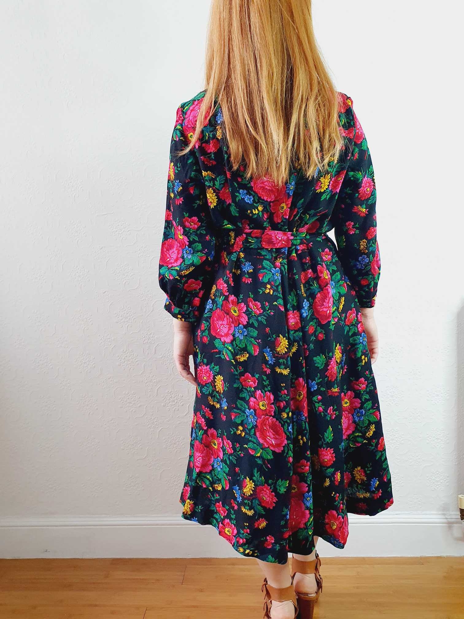 Vintage Black Floral 3/4 Sleeve Dress - L/XL - Image 6