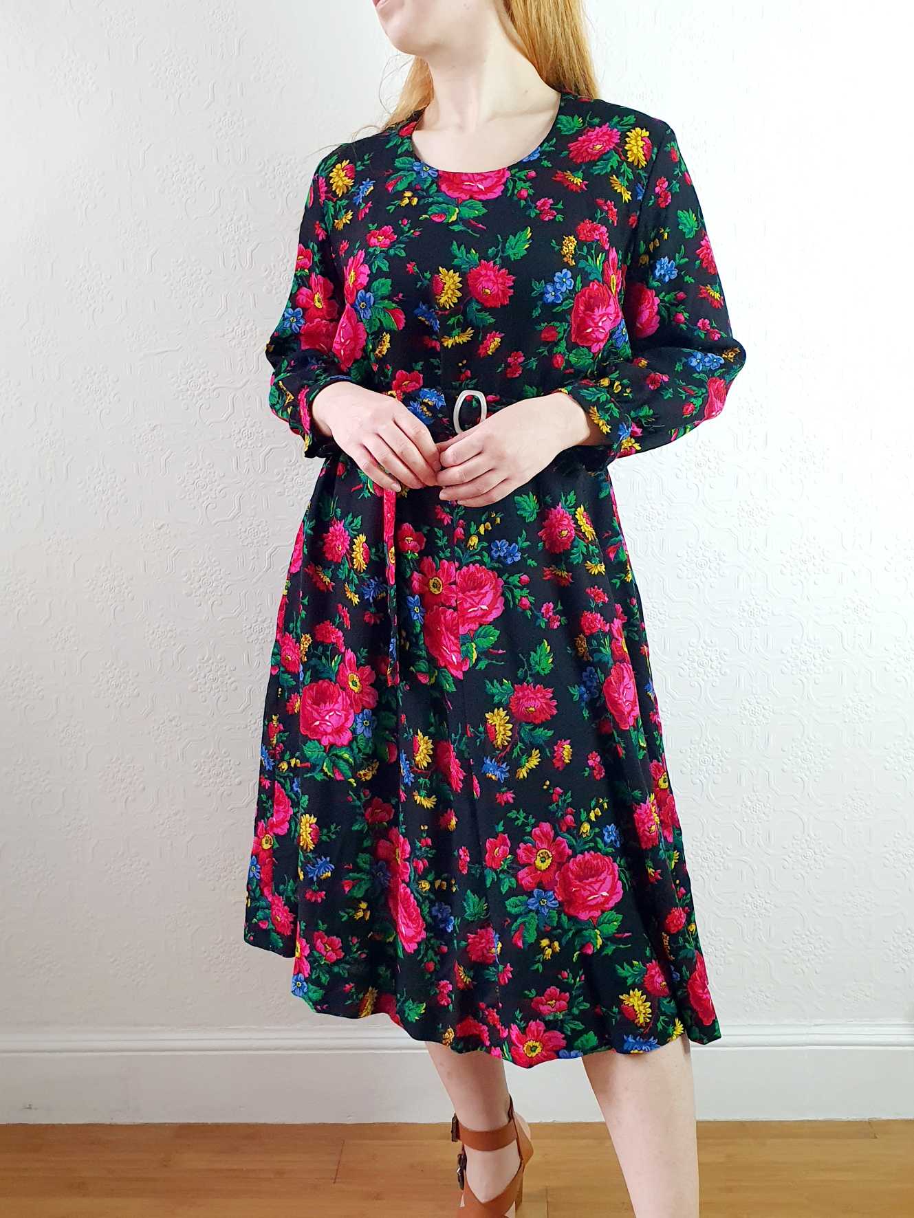 Vintage Black Floral 3/4 Sleeve Dress - L/XL - Image 7