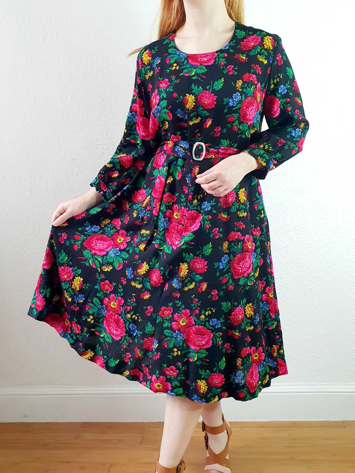 Vintage Black Floral 3/4 Sleeve Dress - L/XL - Image 8