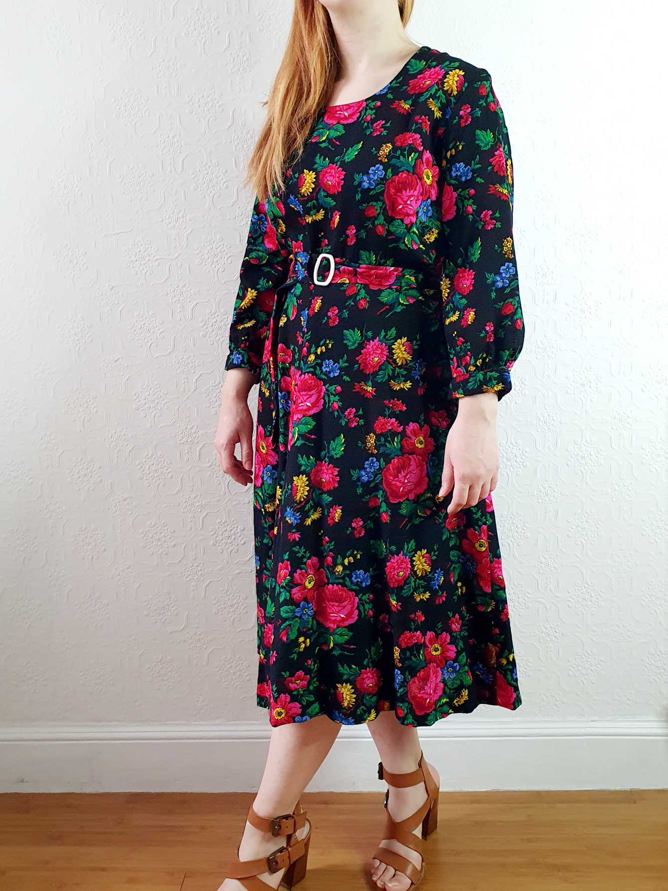 Vintage Black Floral 3/4 Sleeve Dress - L/XL - Image 9