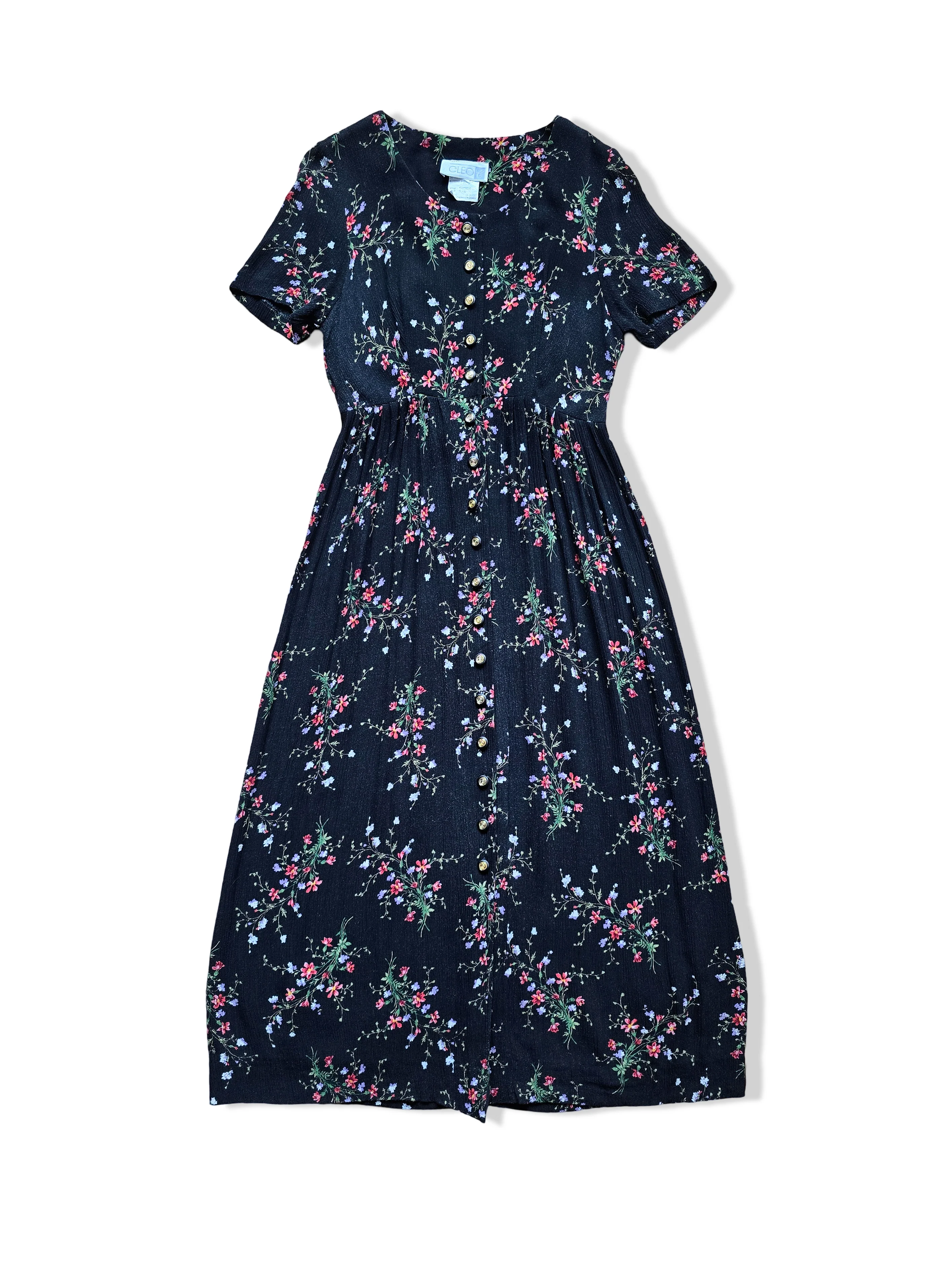 Vintage Black Floral Print Button Down Midi Dress - S