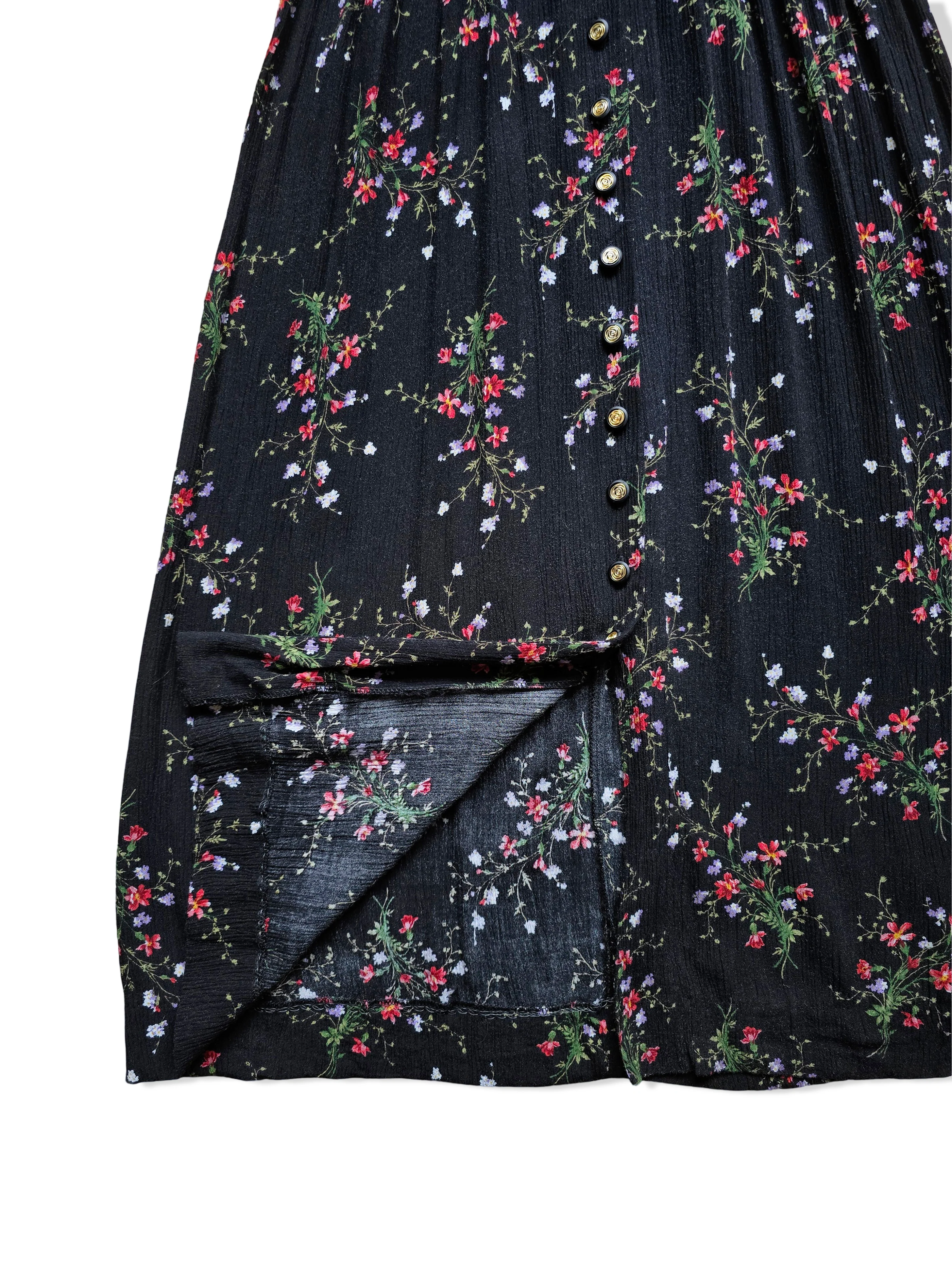 Vintage Black Floral Print Button Down Midi Dress - S - Image 2