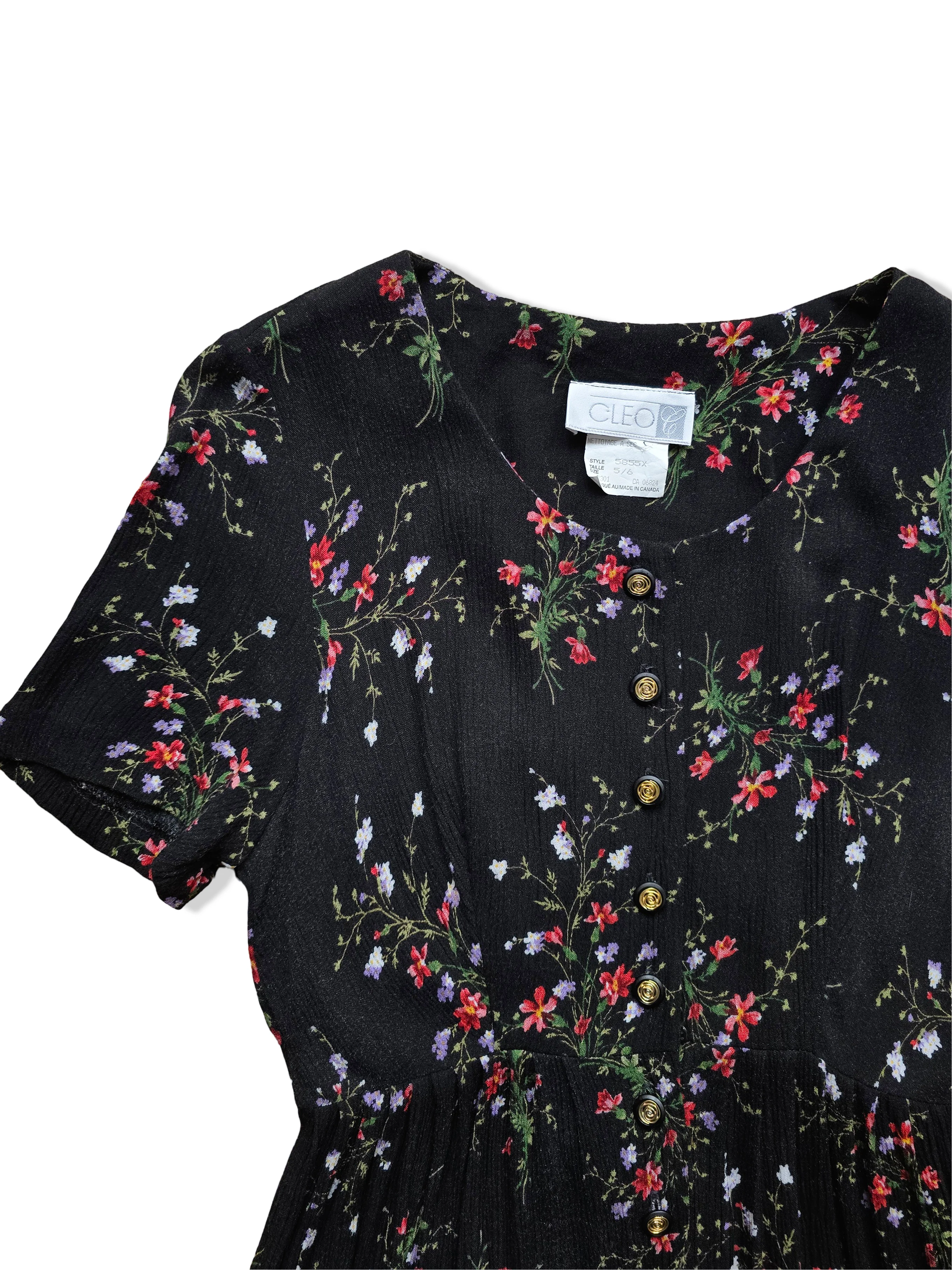 Vintage Black Floral Print Button Down Midi Dress - S - Image 3