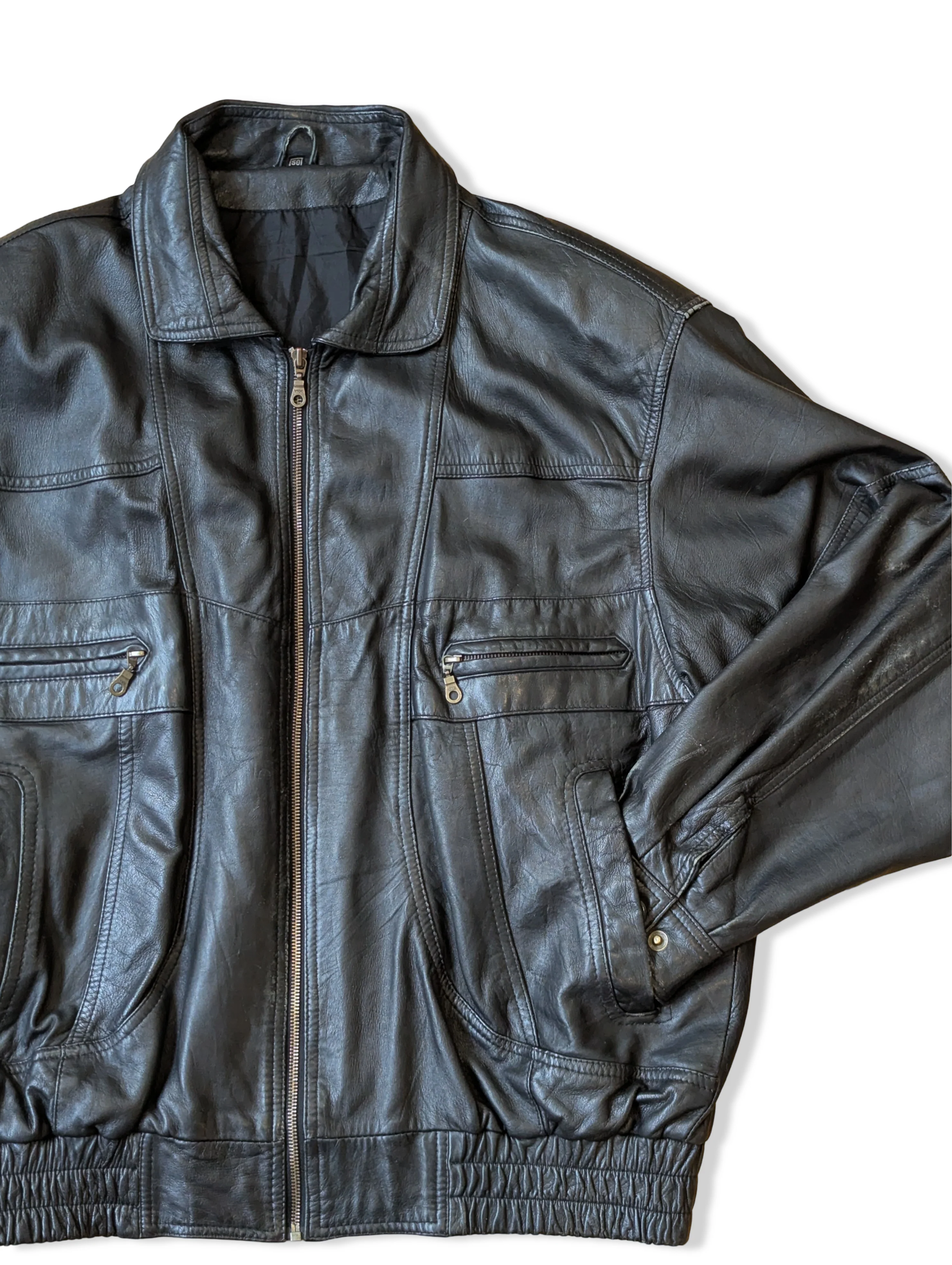 Vintage Black Leather Bomber Jacket - L - Image 2