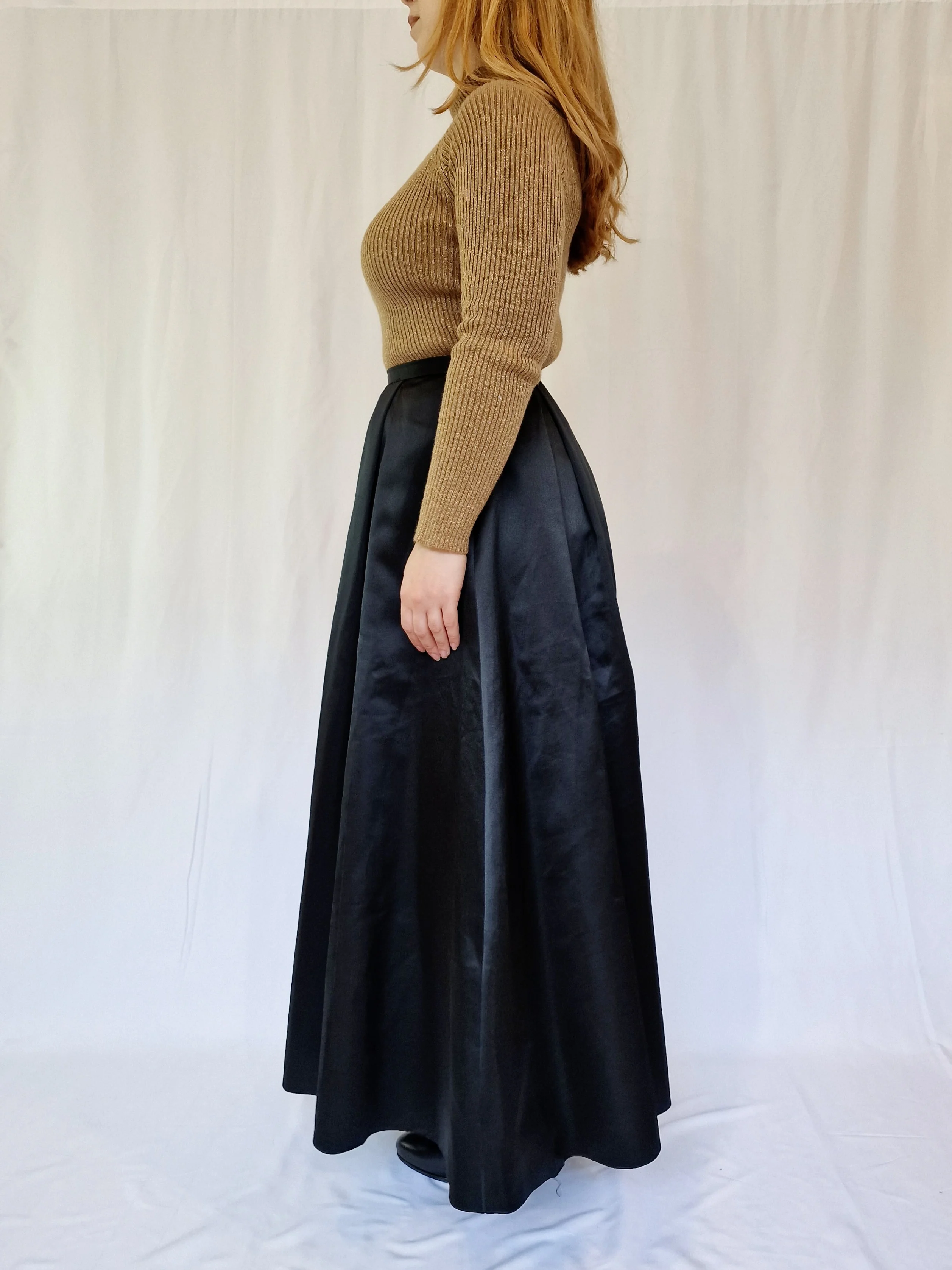 Vintage Black Satin High Waisted A-Line Maxi Skirt - XS - Image 7