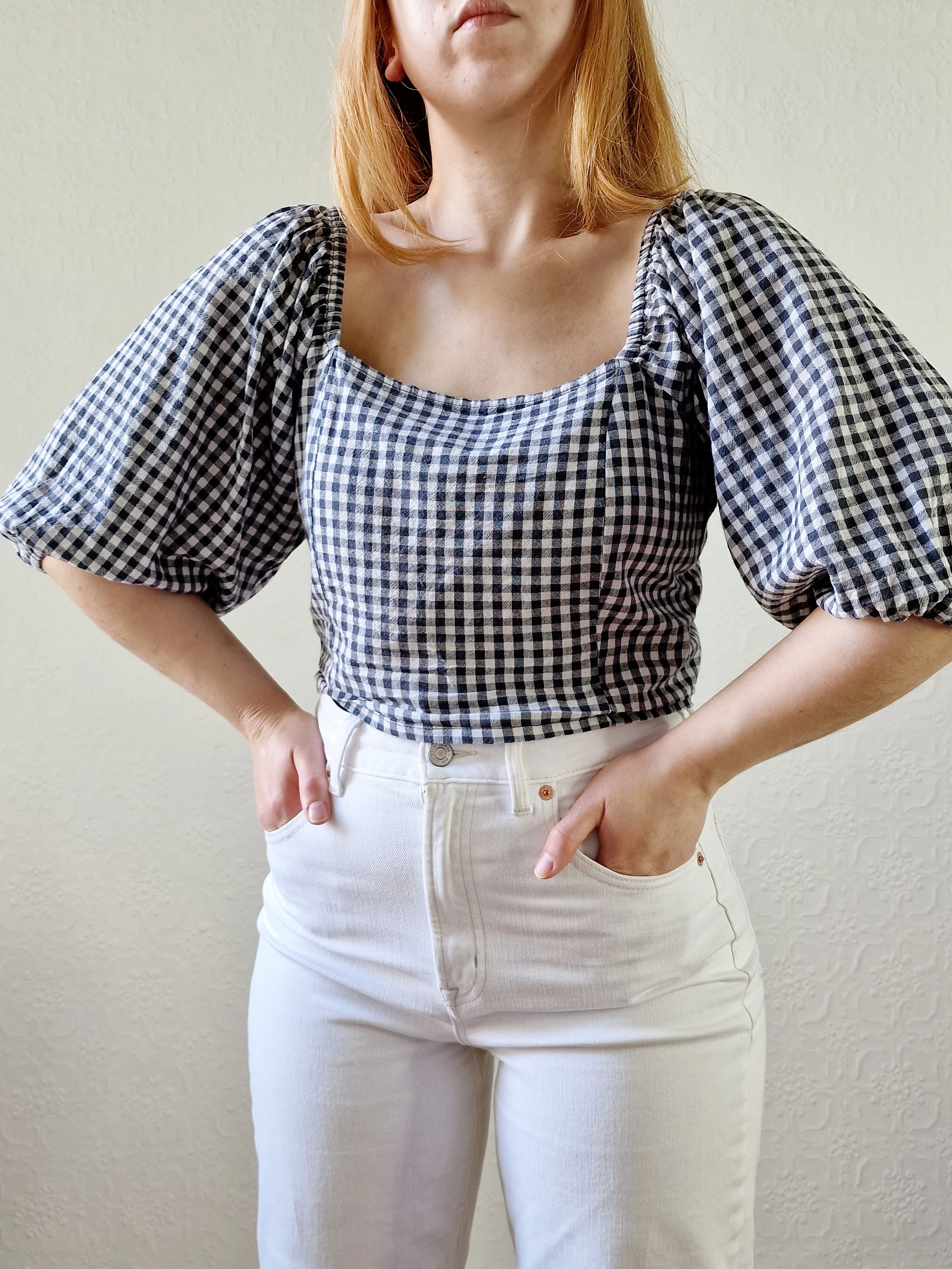 Vintage Black & White Gingham Cropped Blouse Top with Puff Sleeves - M