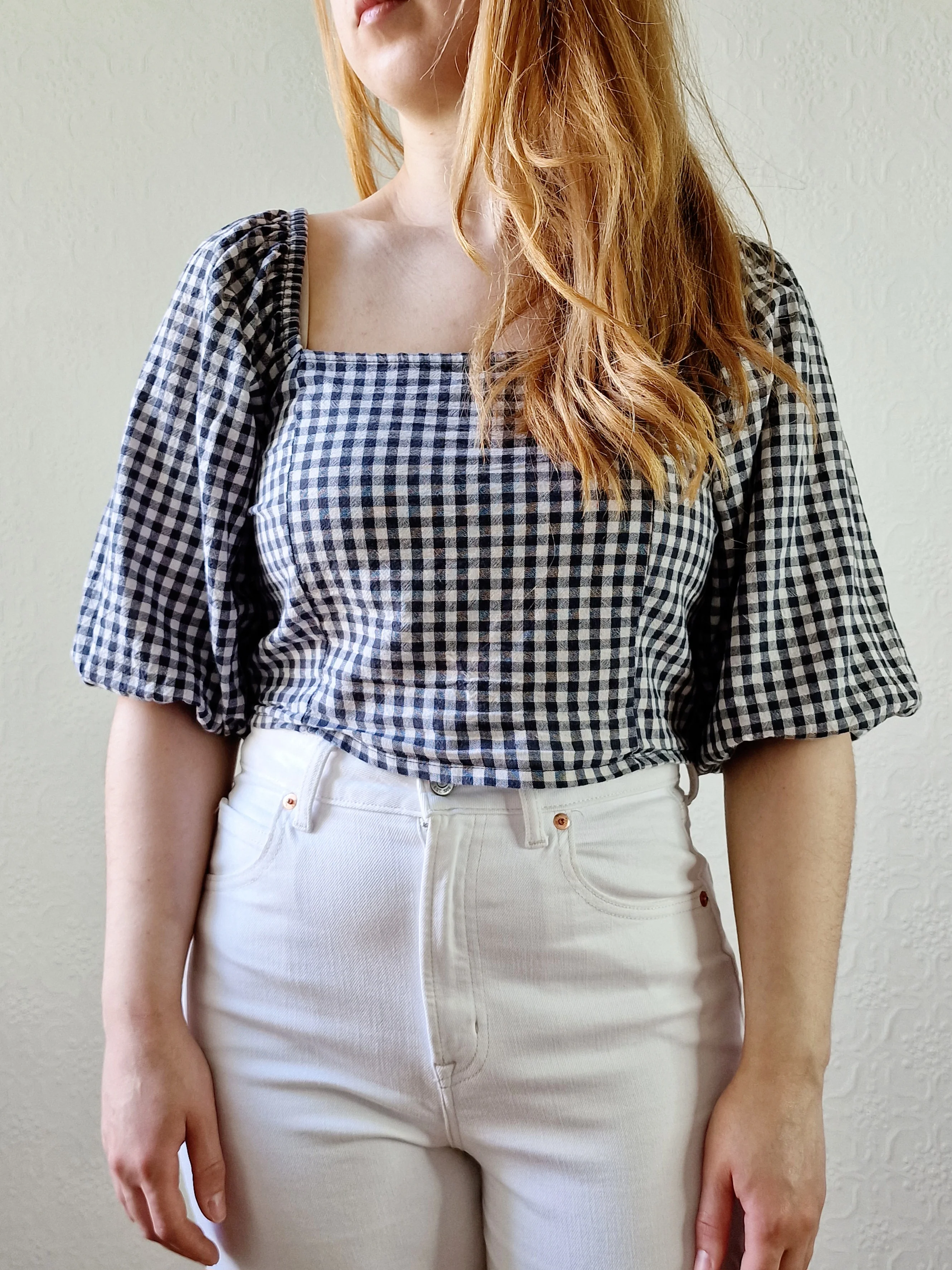 Vintage Black & White Gingham Cropped Blouse Top with Puff Sleeves - M - Image 2