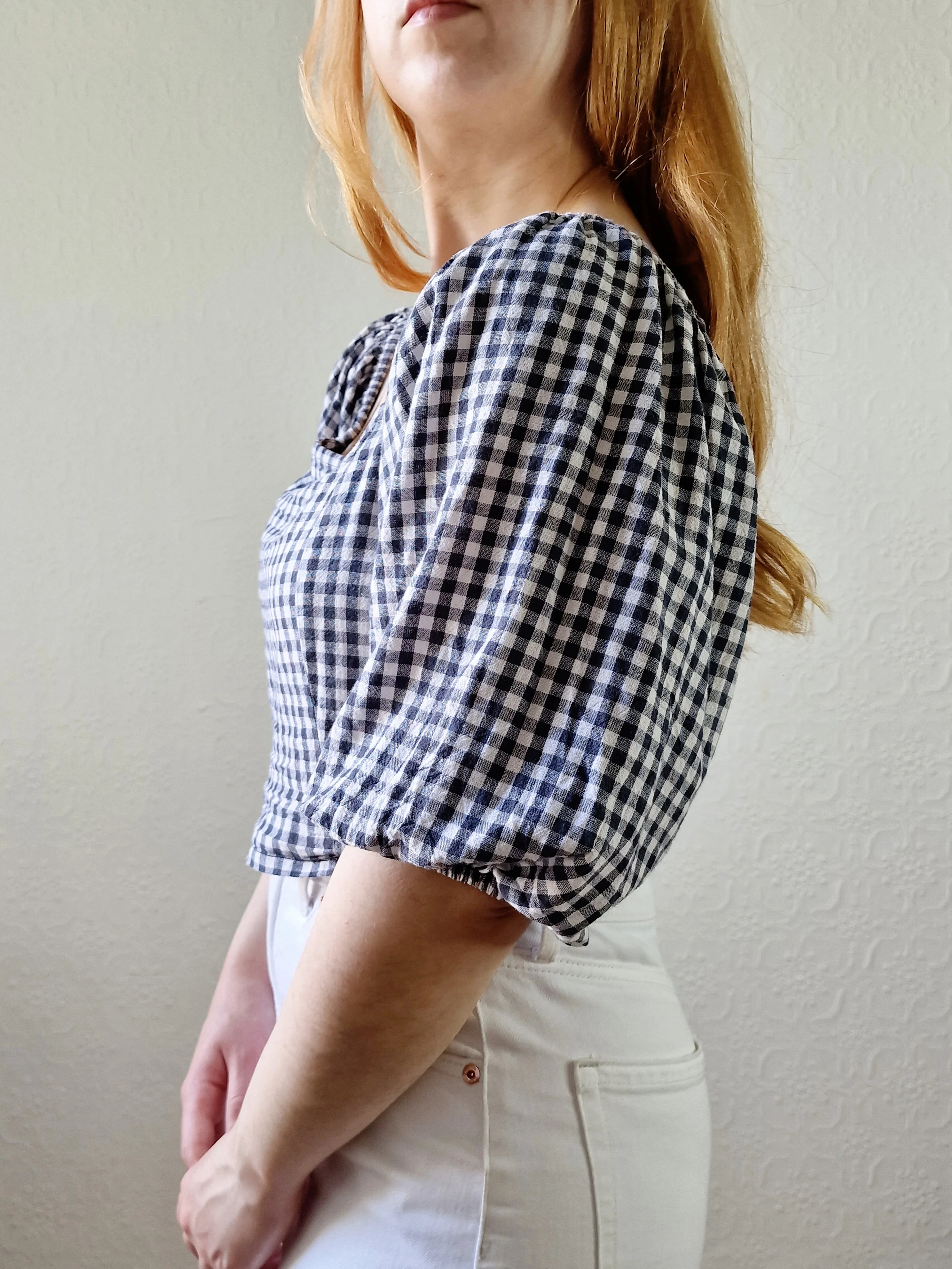 Vintage Black & White Gingham Cropped Blouse Top with Puff Sleeves - M - Image 3