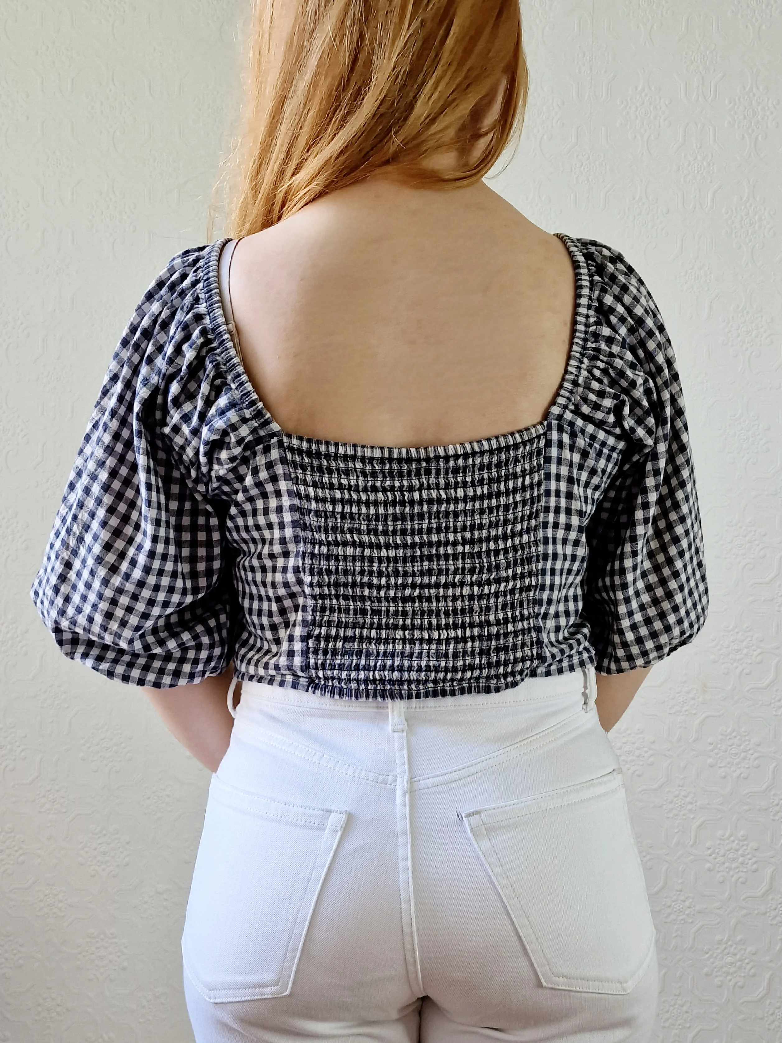 Vintage Black & White Gingham Cropped Blouse Top with Puff Sleeves - M - Image 4