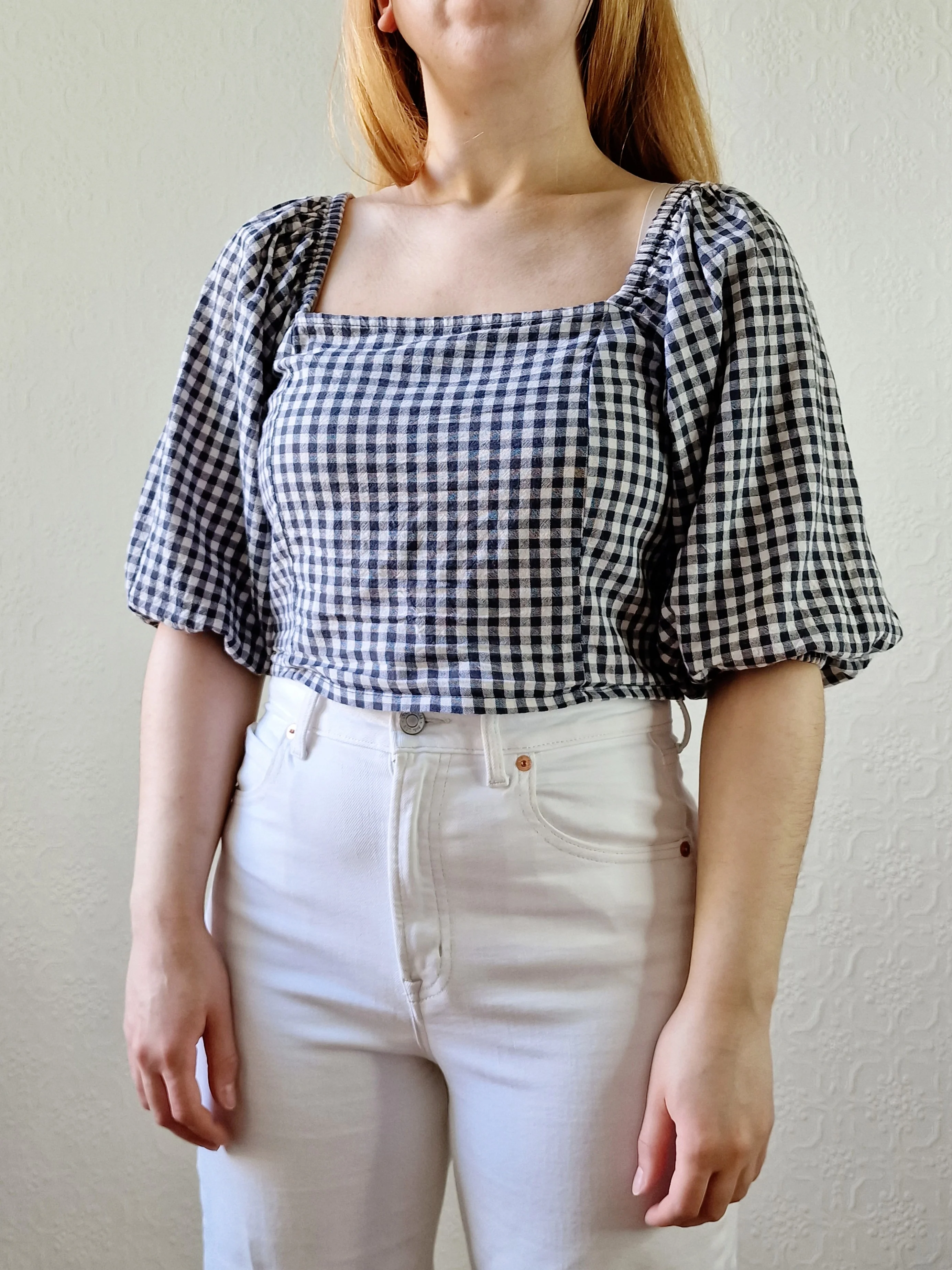Vintage Black & White Gingham Cropped Blouse Top with Puff Sleeves - M - Image 5