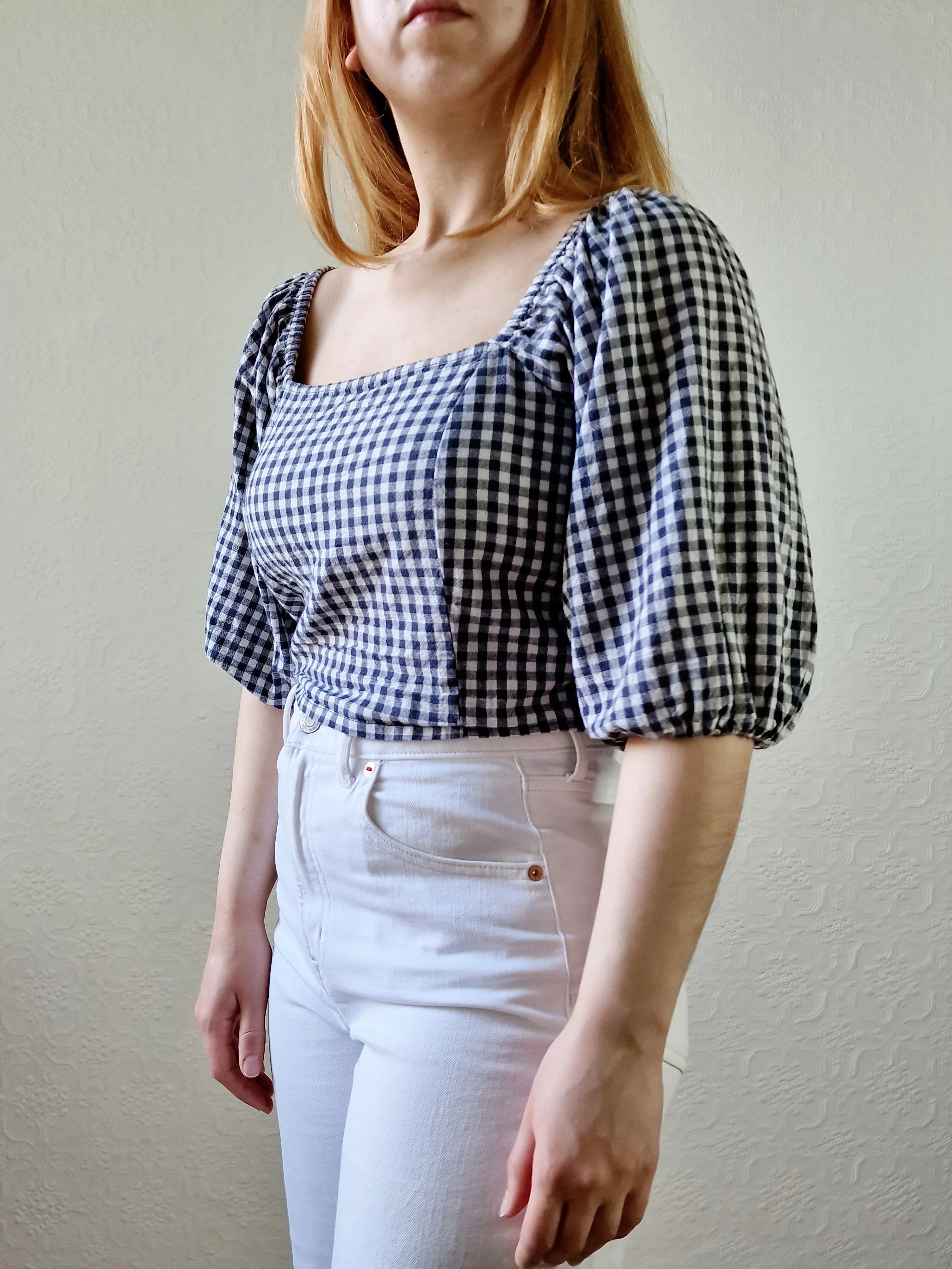 Vintage Black & White Gingham Cropped Blouse Top with Puff Sleeves - M - Image 6