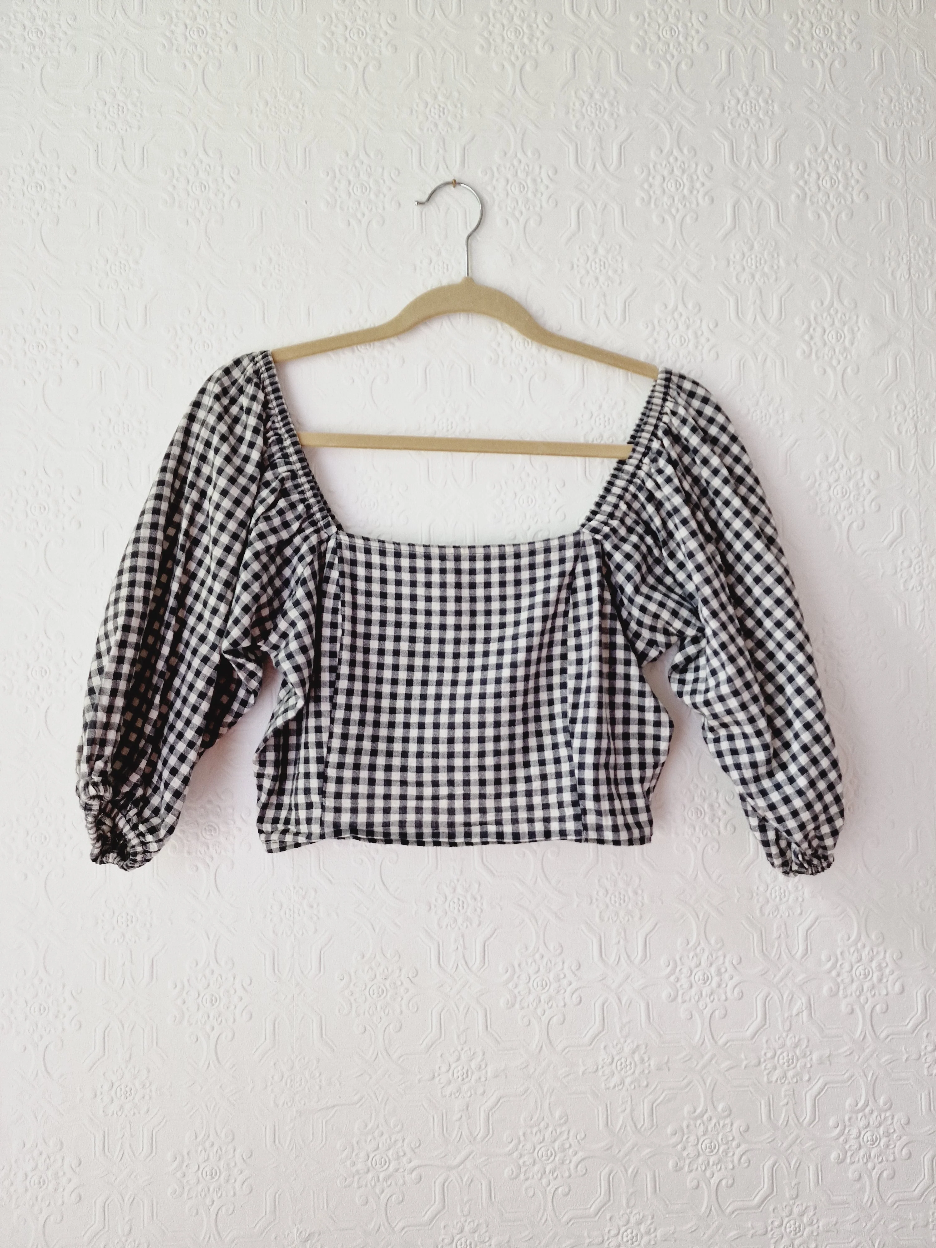 Vintage Black & White Gingham Cropped Blouse Top with Puff Sleeves - M - Image 7