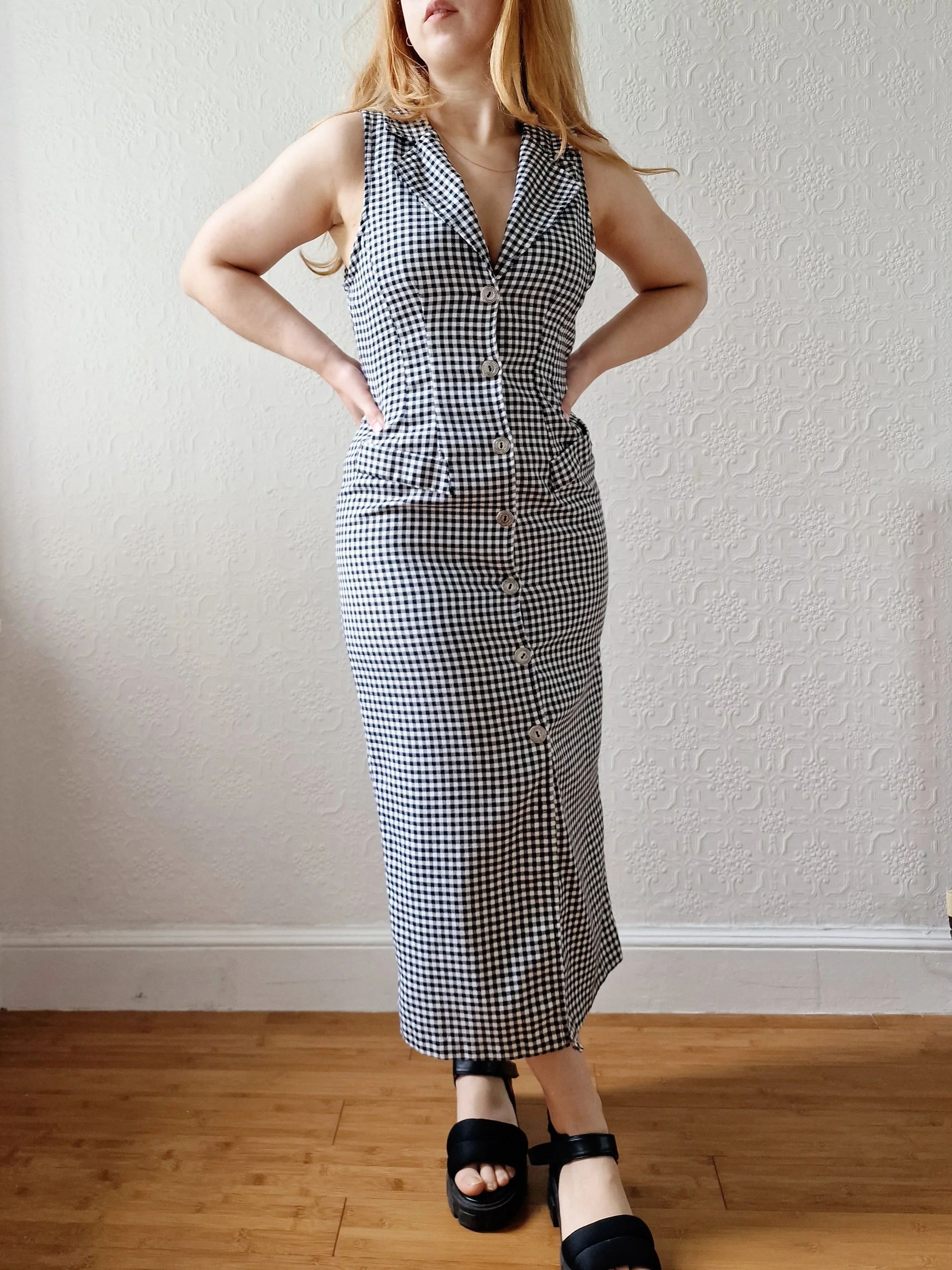 Vintage 90s Black & White Gingham Sleeveless Dress - XS - Image 5