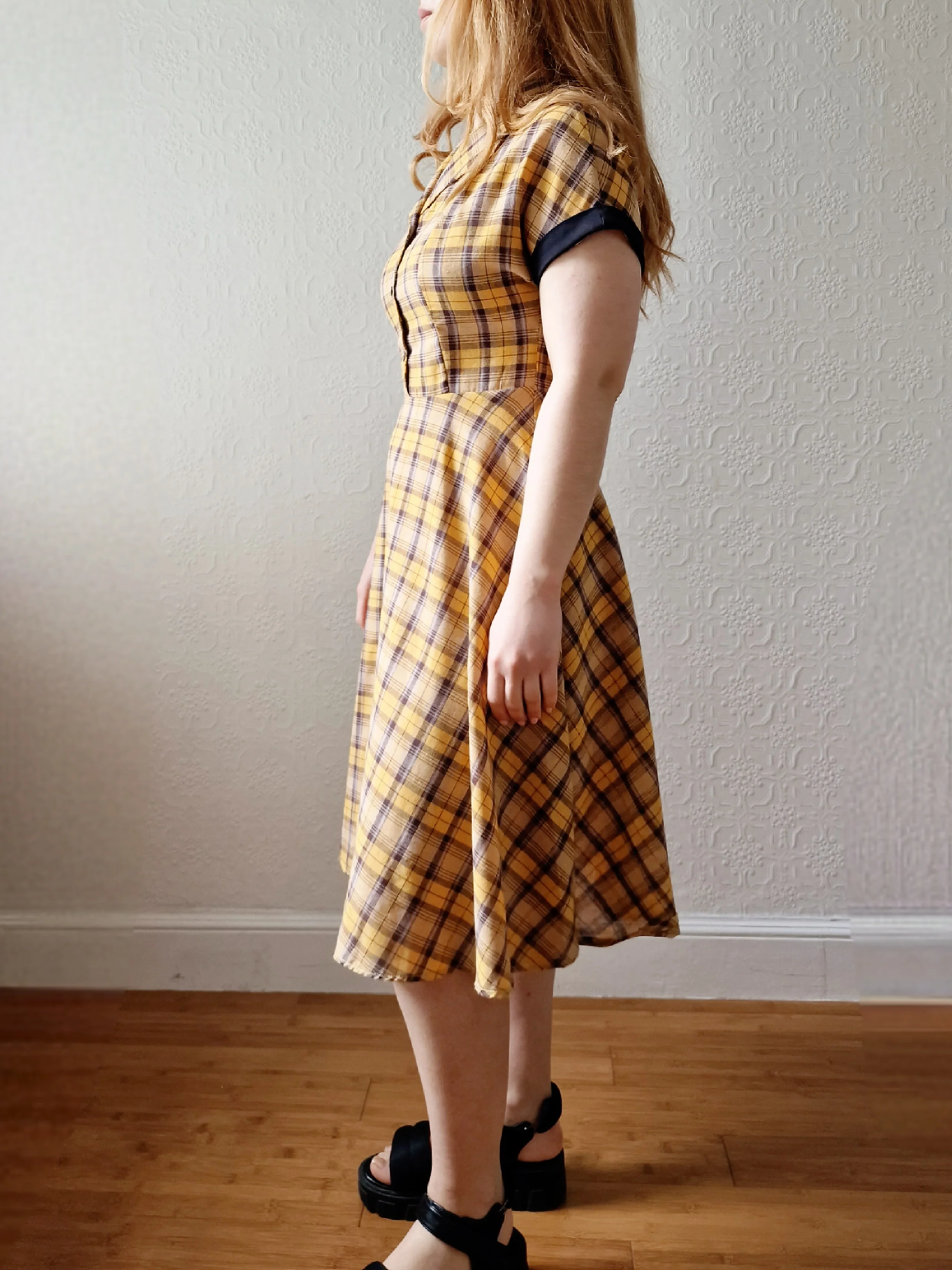 Vintage Black & Yellow Tartan Check Shirt Dress with Short Sleevees - S - Image 2
