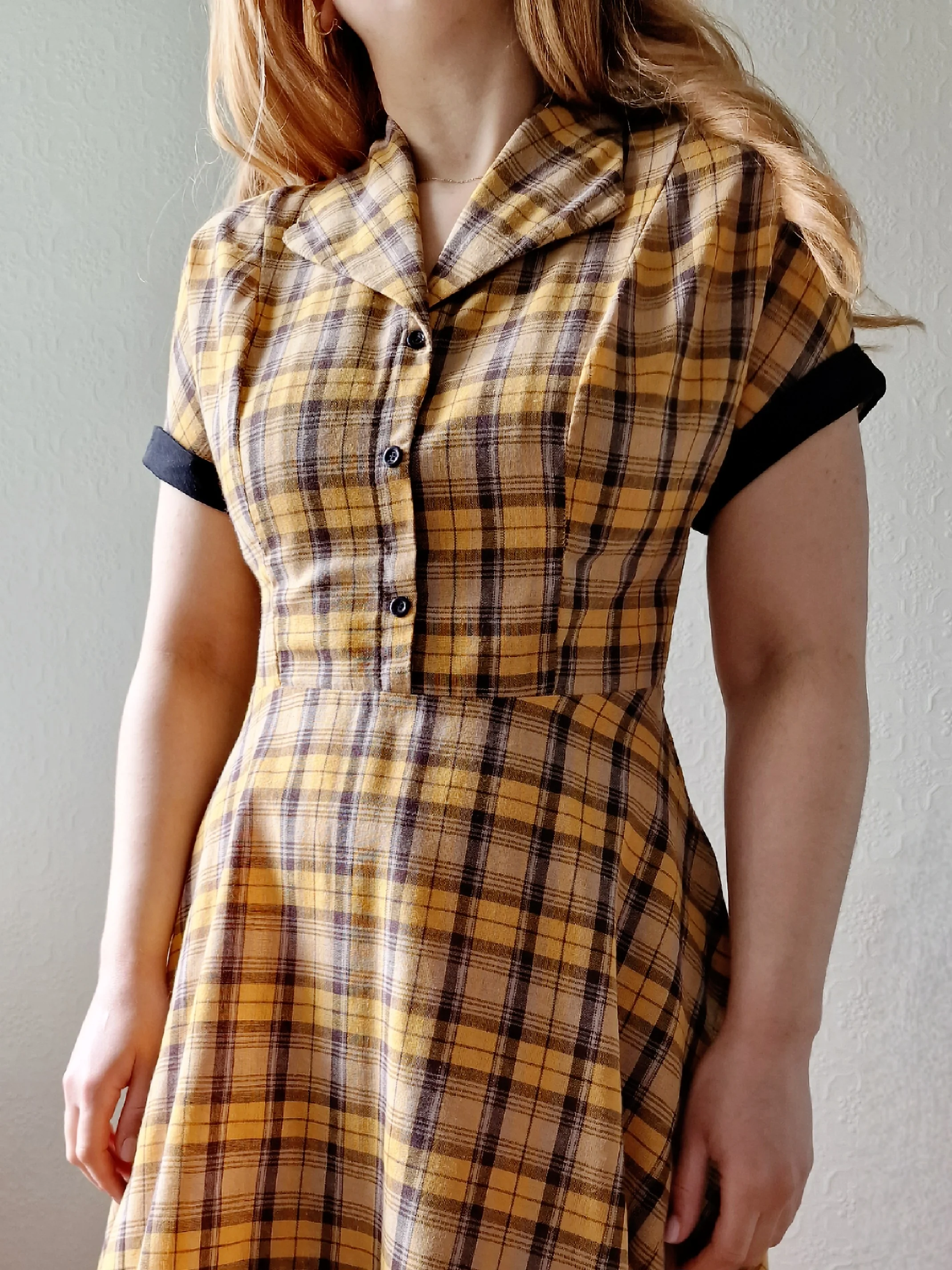Vintage Black & Yellow Tartan Check Shirt Dress with Short Sleevees - S - Image 3