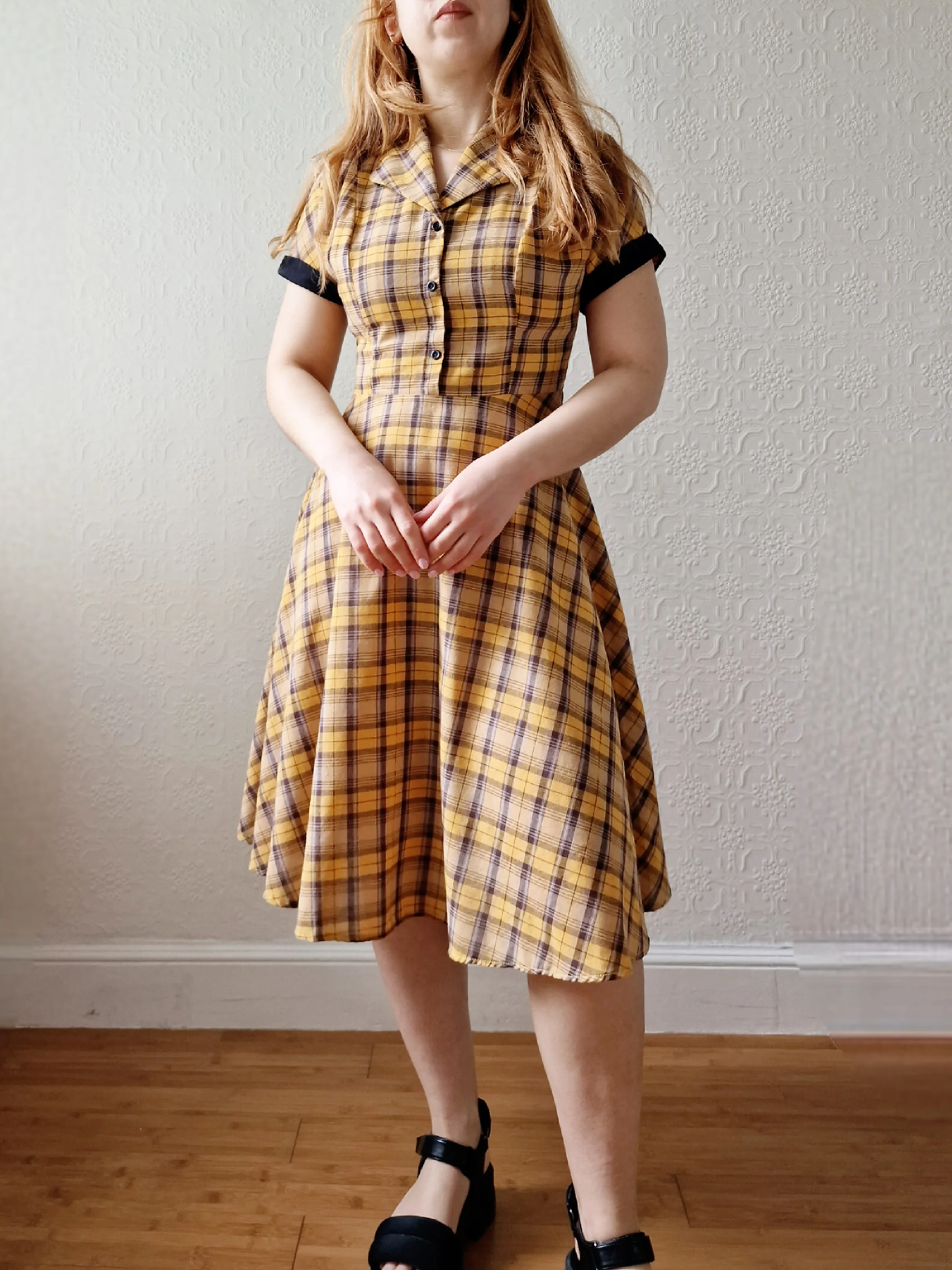 Vintage Black & Yellow Tartan Check Shirt Dress with Short Sleevees - S - Image 4