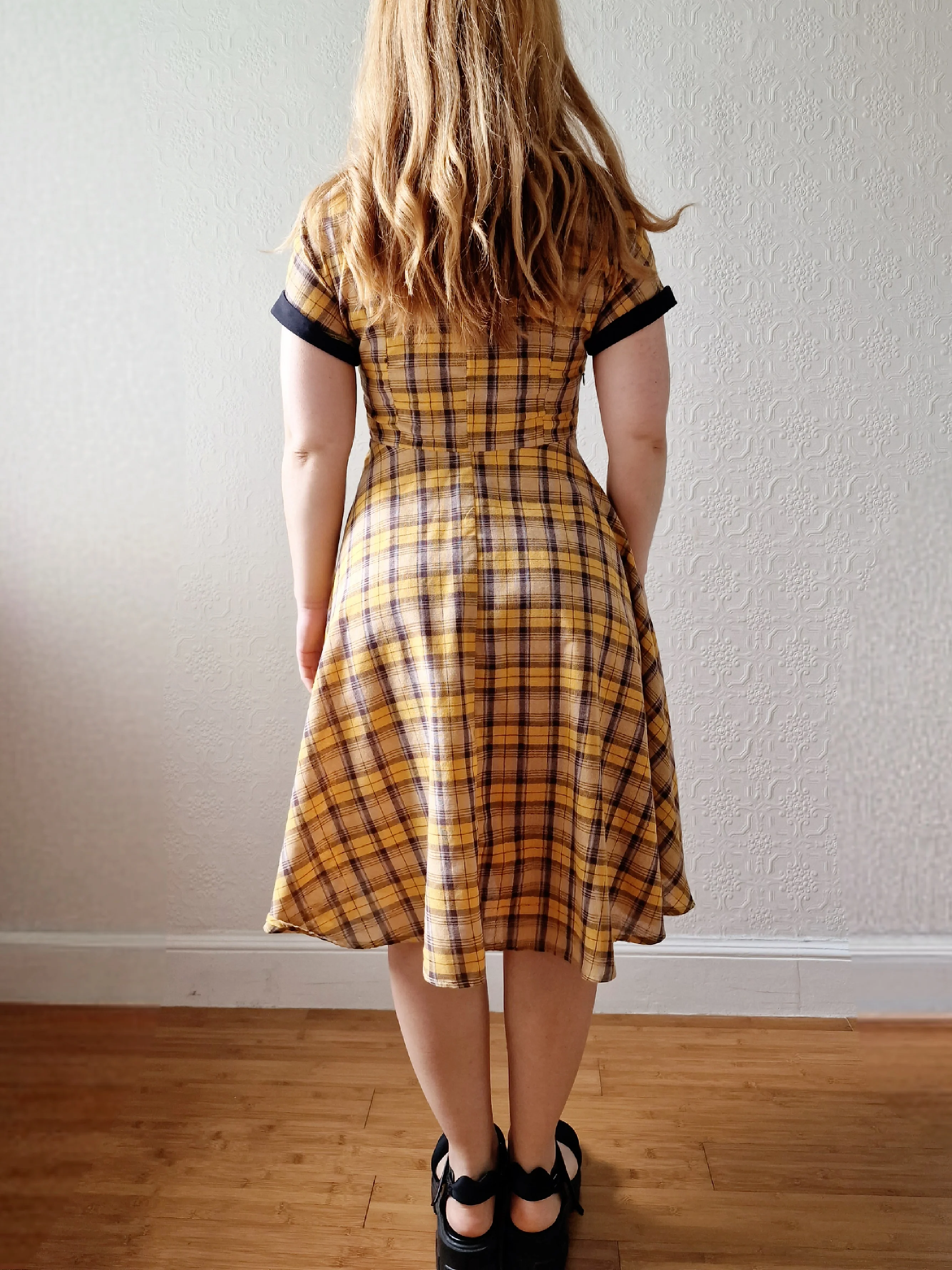Vintage Black & Yellow Tartan Check Shirt Dress with Short Sleevees - S - Image 5