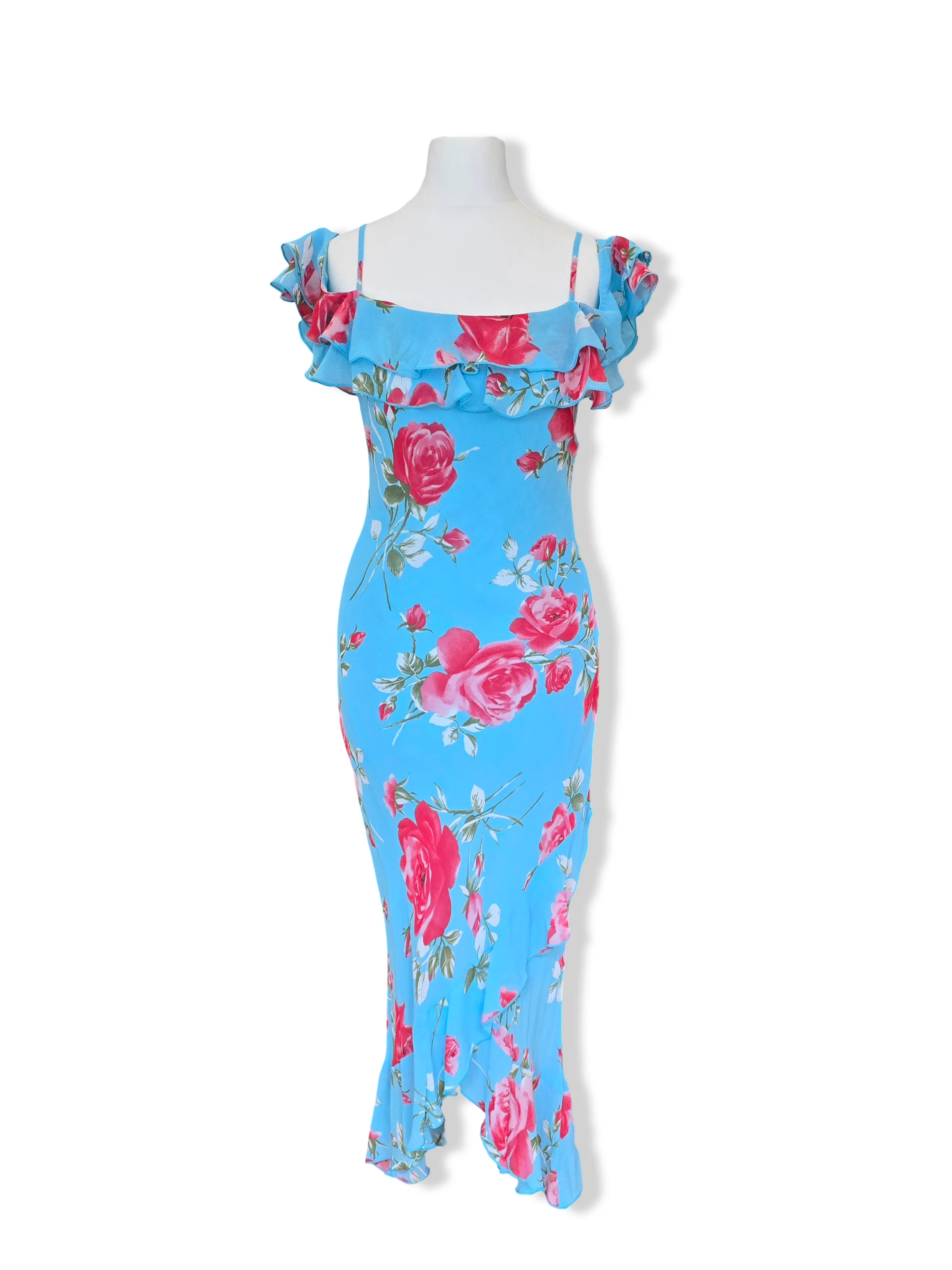 Vintage Blue Bold Floral Print Off the Shoulder Midi Dress - XS/S