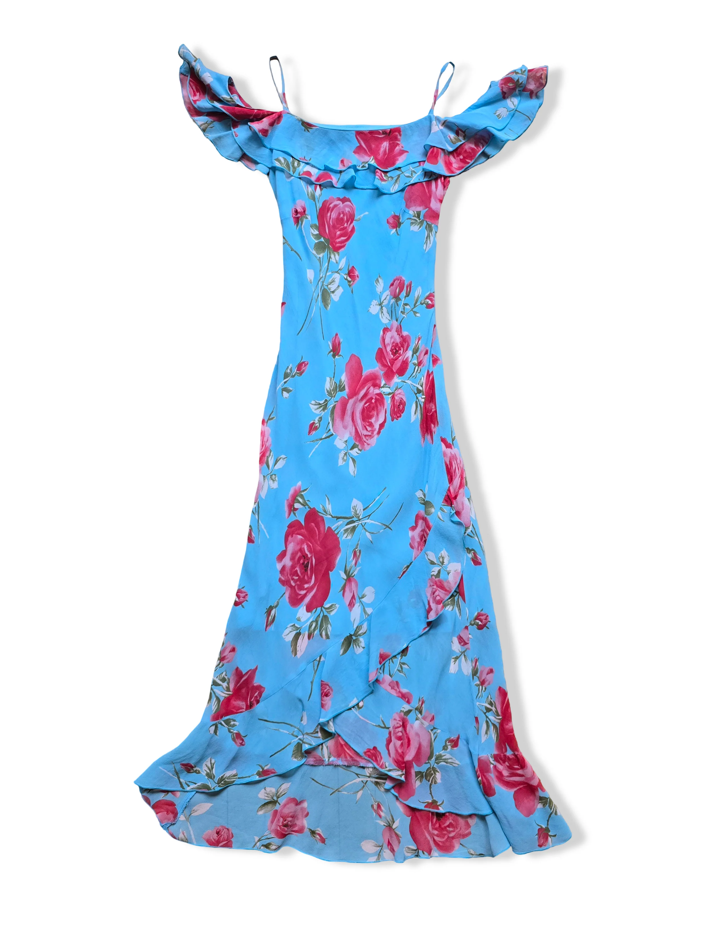 Vintage Blue Bold Floral Print Off the Shoulder Midi Dress - XS/S - Image 2