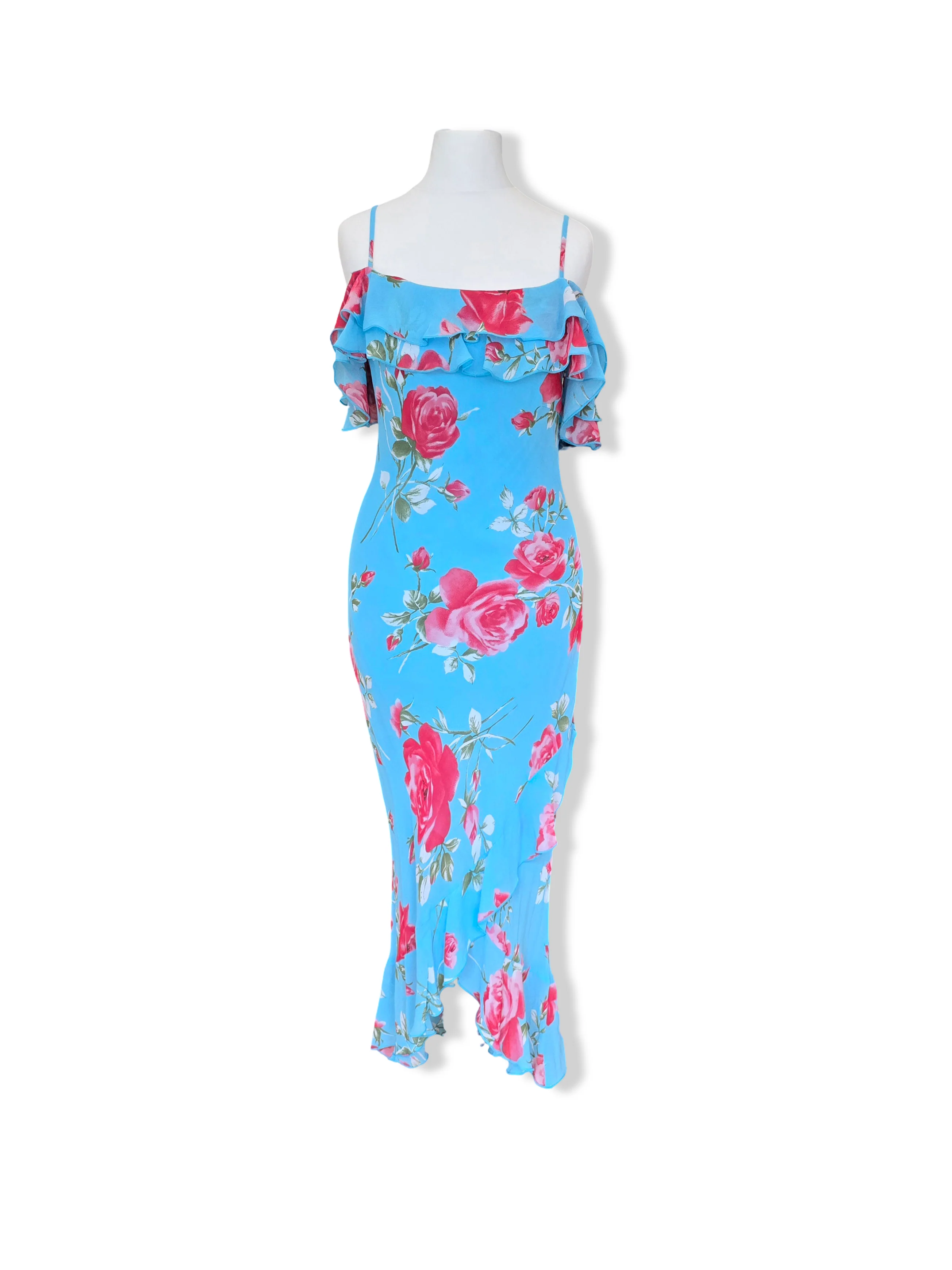 Vintage Blue Bold Floral Print Off the Shoulder Midi Dress - XS/S - Image 3