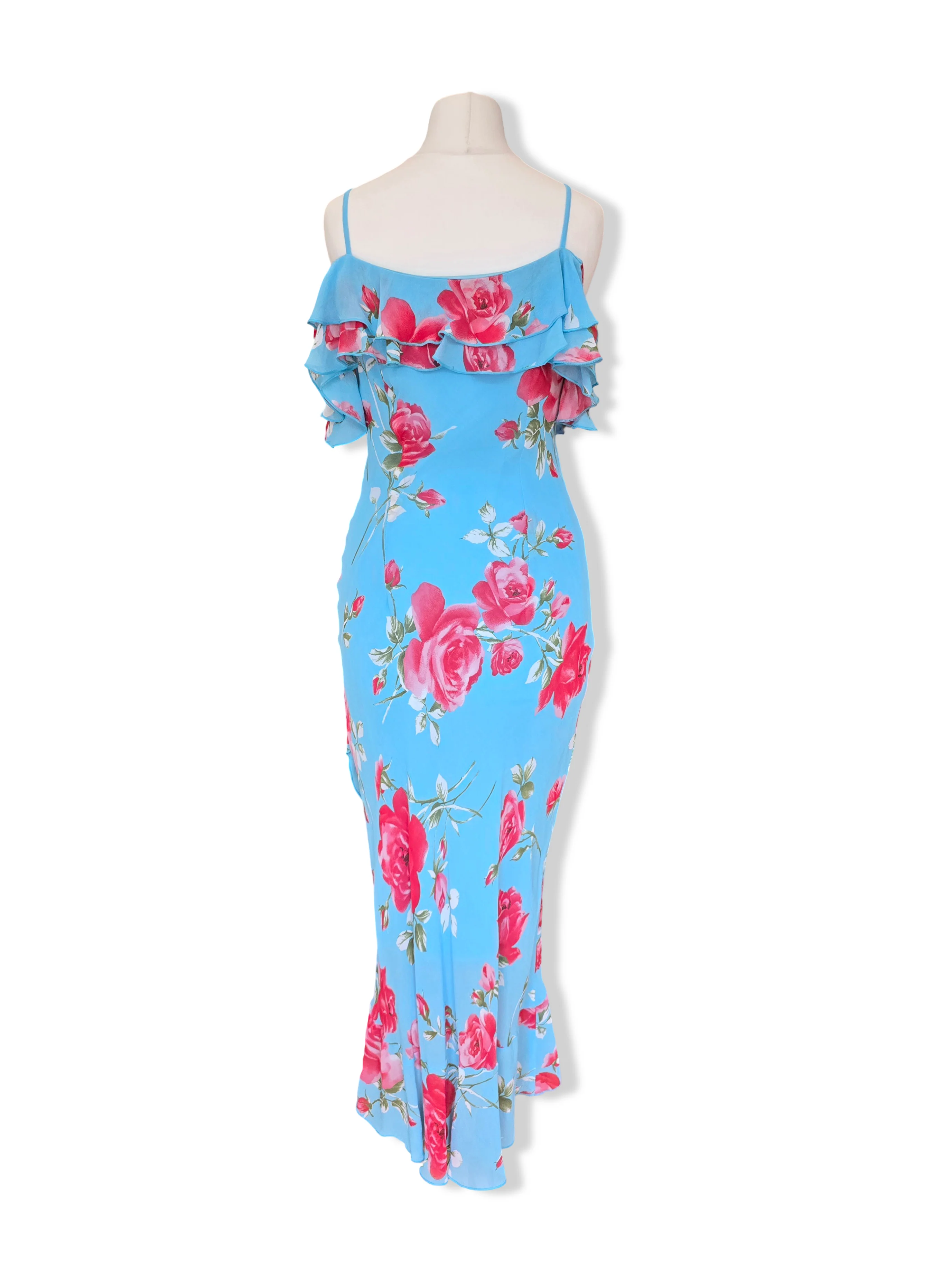 Vintage Blue Bold Floral Print Off the Shoulder Midi Dress - XS/S - Image 4