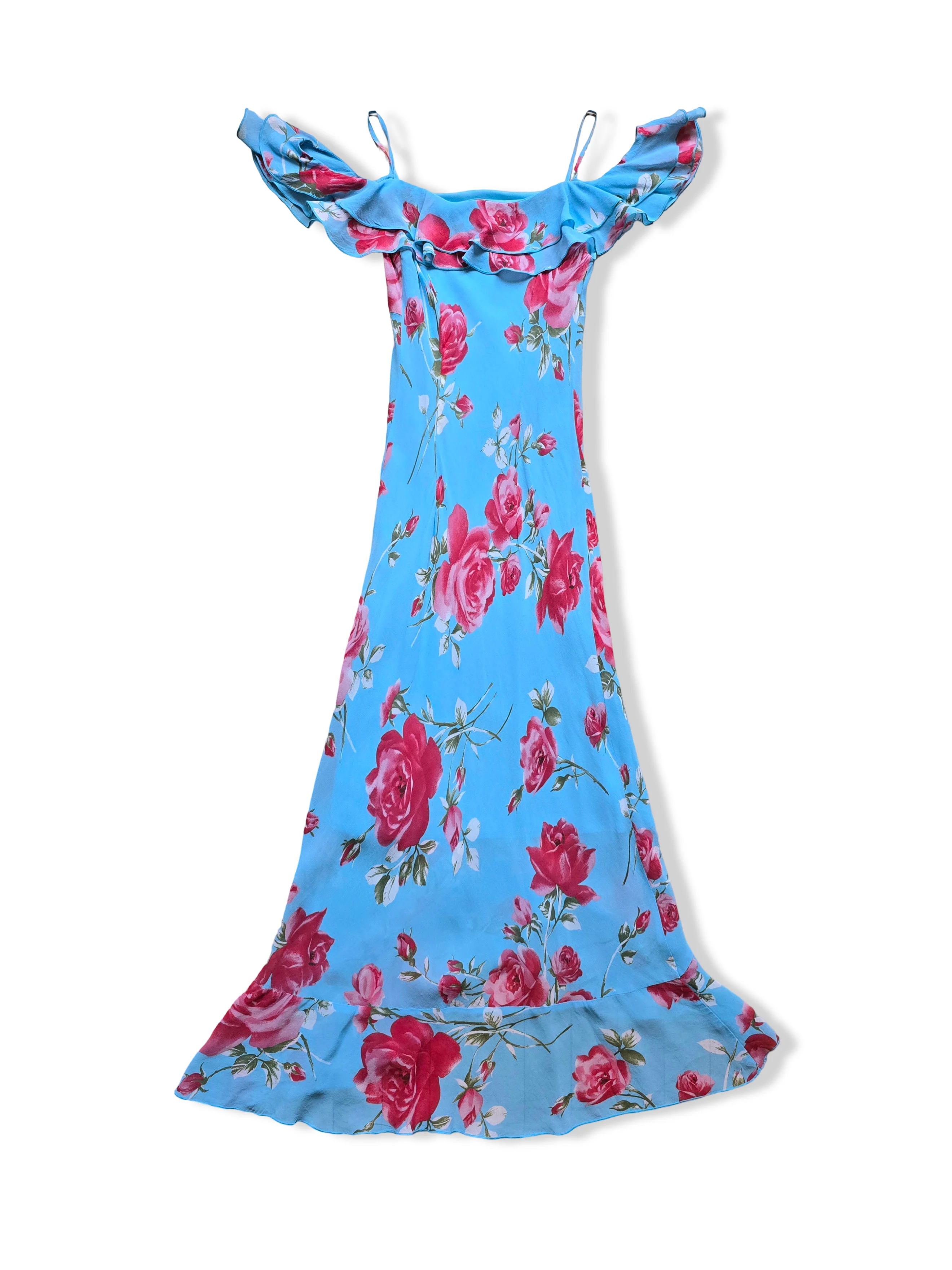 Vintage Blue Bold Floral Print Off the Shoulder Midi Dress - XS/S - Image 5