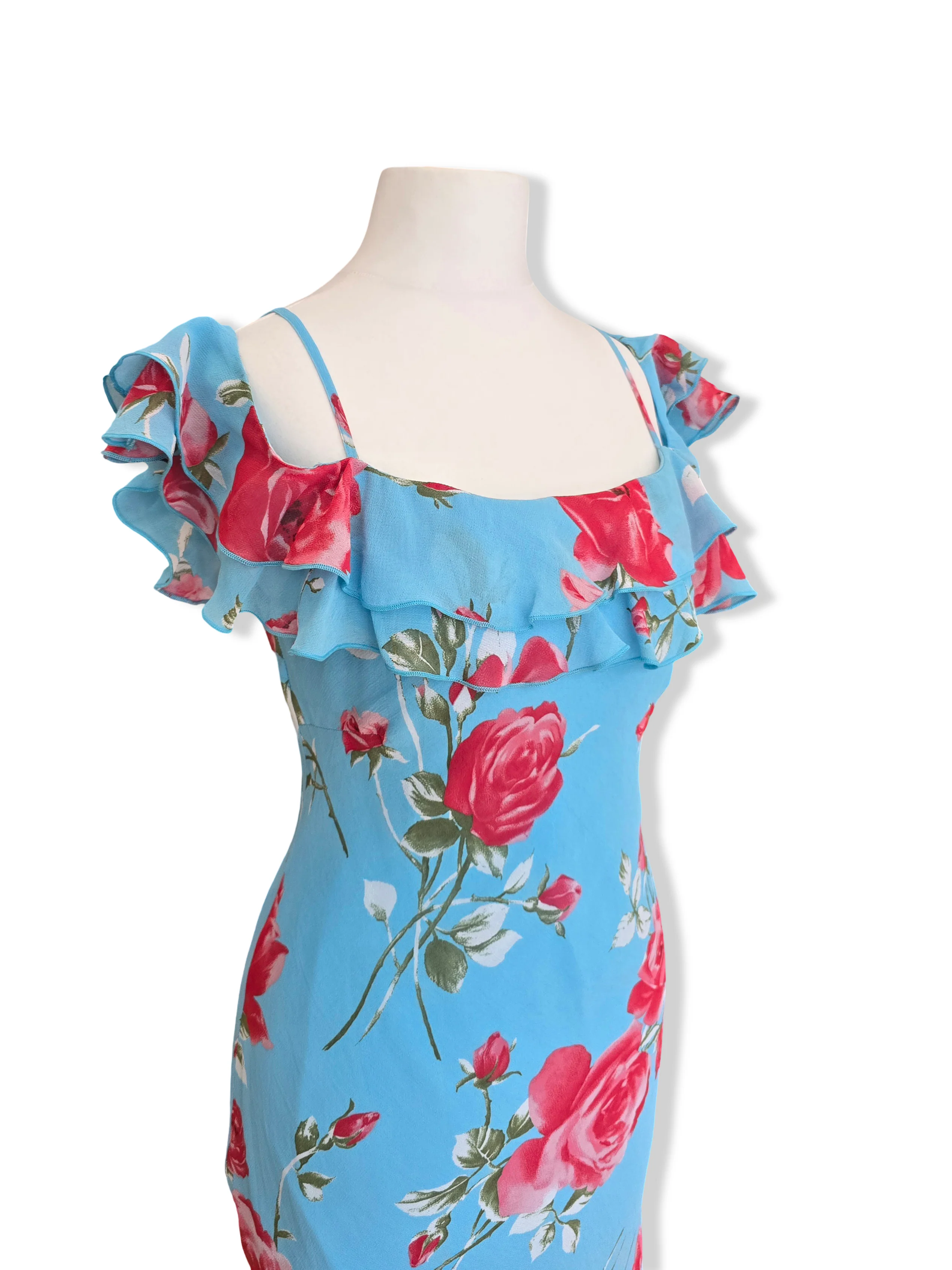 Vintage Blue Bold Floral Print Off the Shoulder Midi Dress - XS/S - Image 6