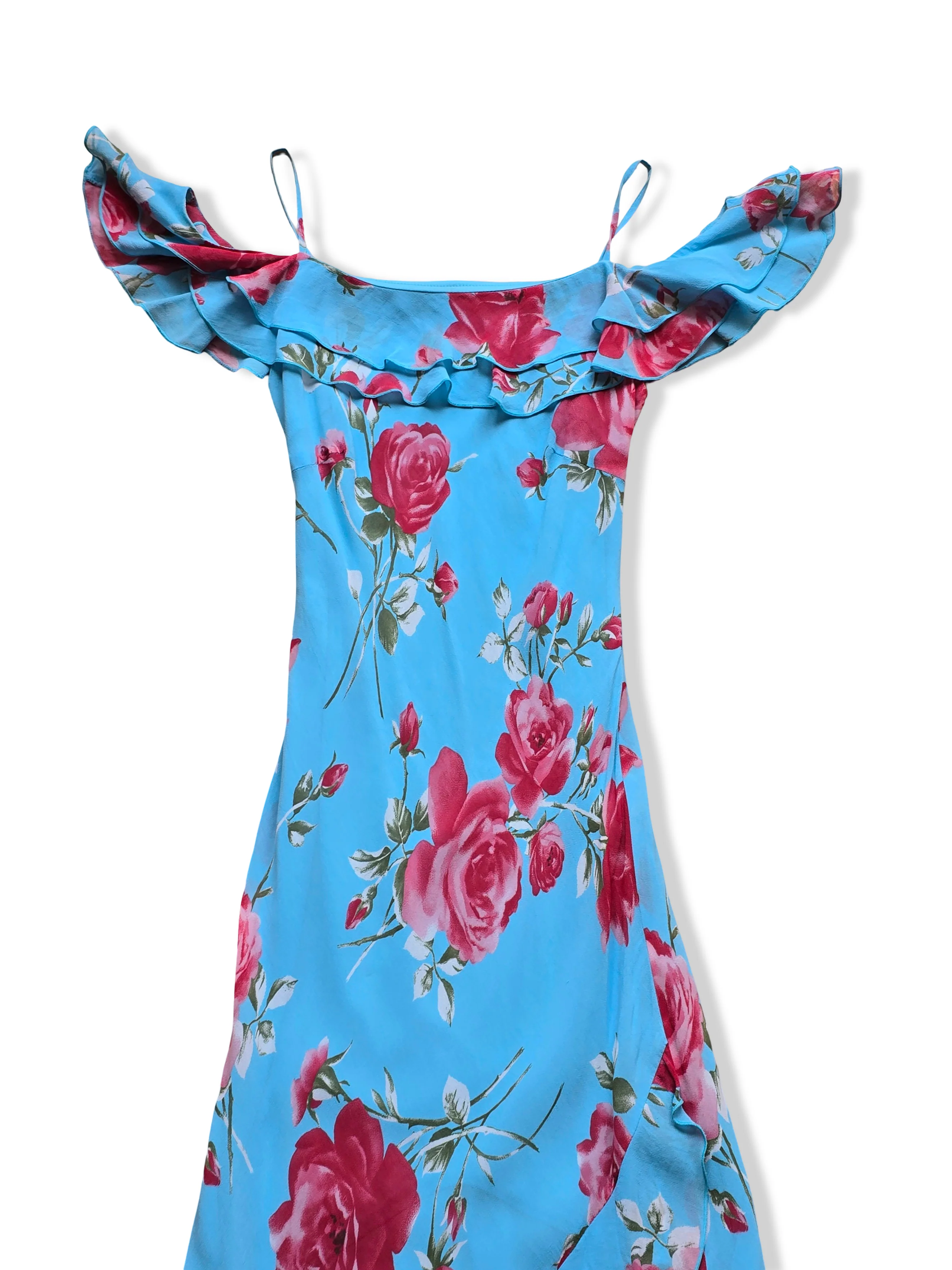 Vintage Blue Bold Floral Print Off the Shoulder Midi Dress - XS/S - Image 7