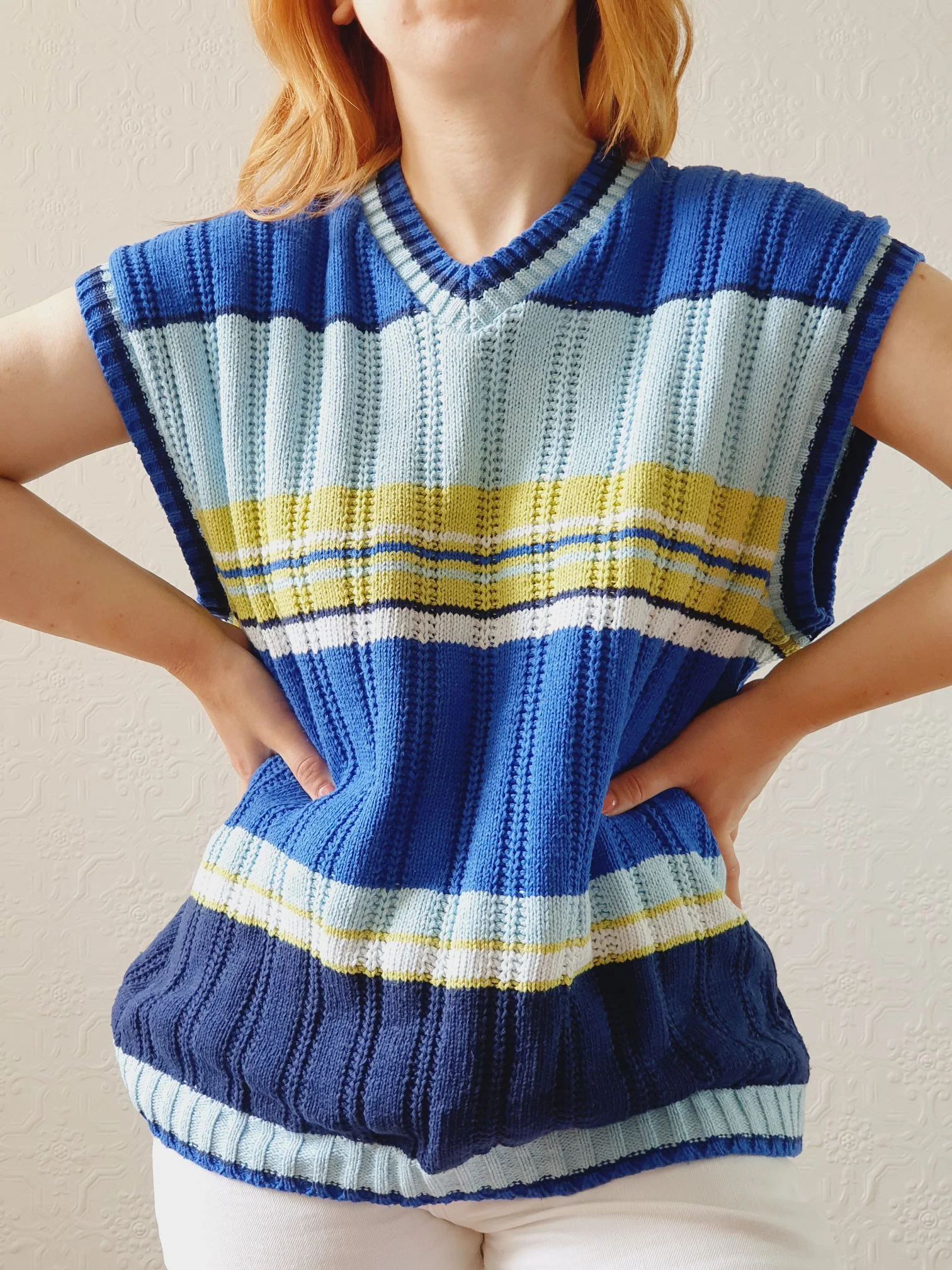 Vintage Blue & Green Striped Cotton V-Neck Vest - L/XL - Image 2