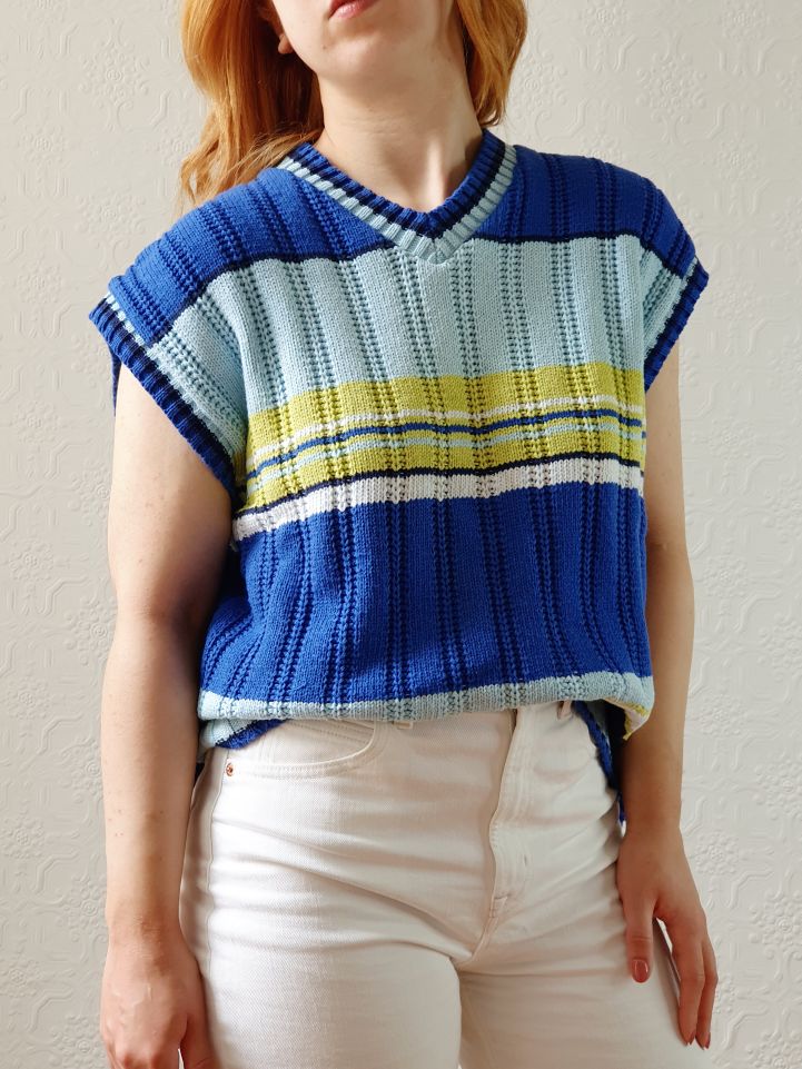 Vintage Blue & Green Striped Cotton V-Neck Vest - L/XL - Image 3