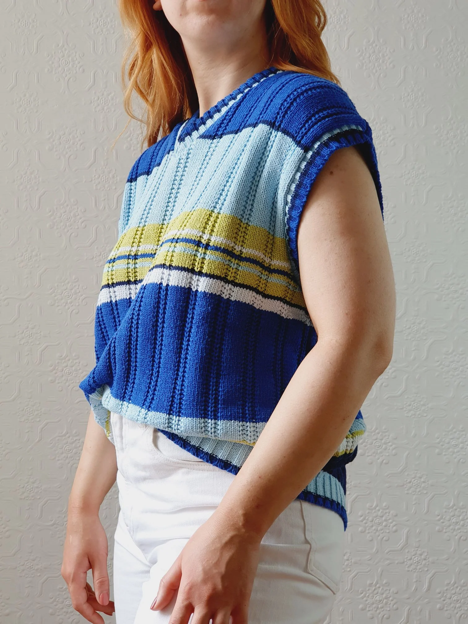 Vintage Blue & Green Striped Cotton V-Neck Vest - L/XL - Image 4