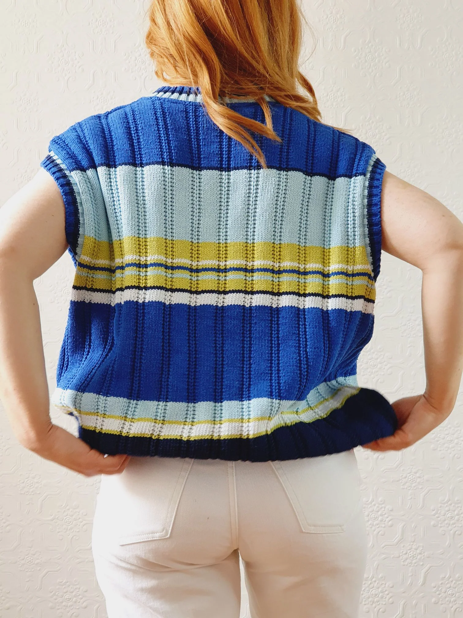 Vintage Blue & Green Striped Cotton V-Neck Vest - L/XL - Image 5