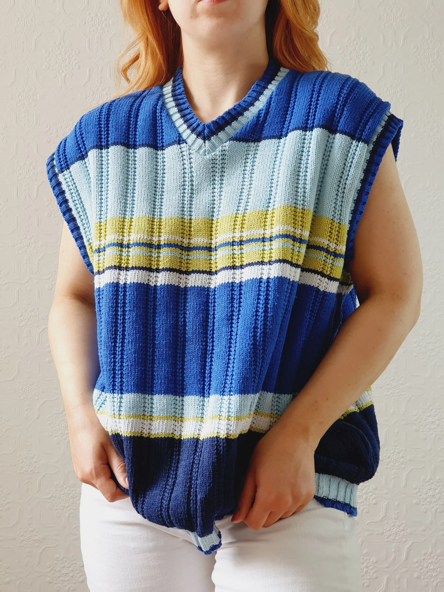 Vintage Blue & Green Striped Cotton V-Neck Vest - L/XL - Image 6
