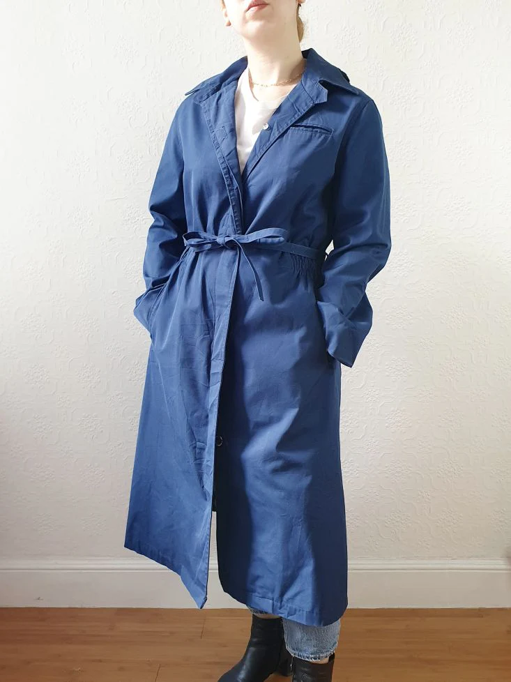 Vintage Blue Single Breasted Trench Coat with Detachable Hood - S/M