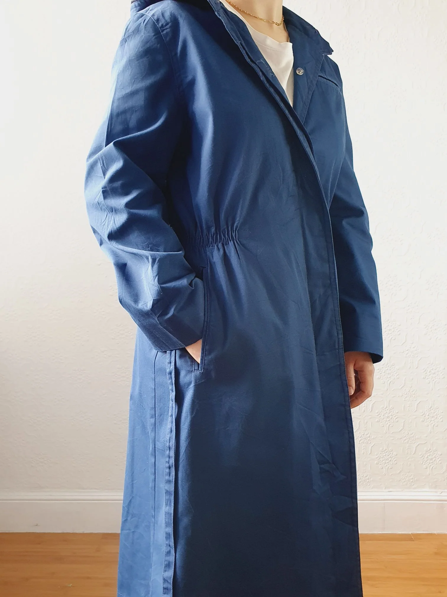 Vintage Blue Single Breasted Trench Coat with Detachable Hood - S/M - Image 10
