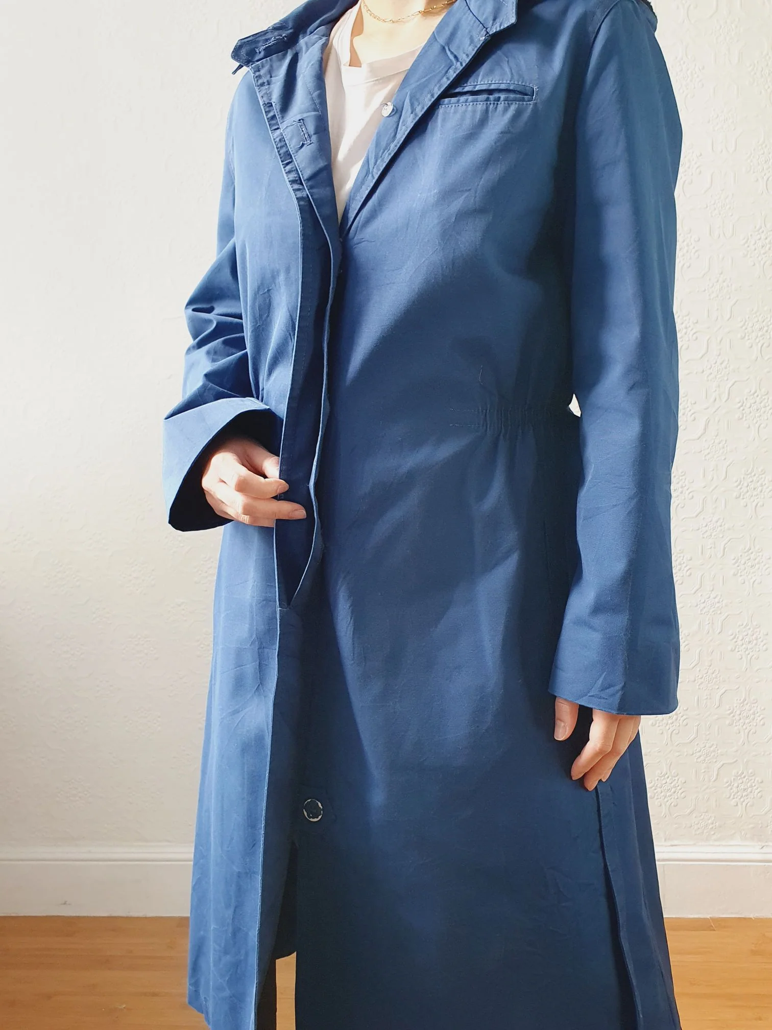 Vintage Blue Single Breasted Trench Coat with Detachable Hood - S/M - Image 11