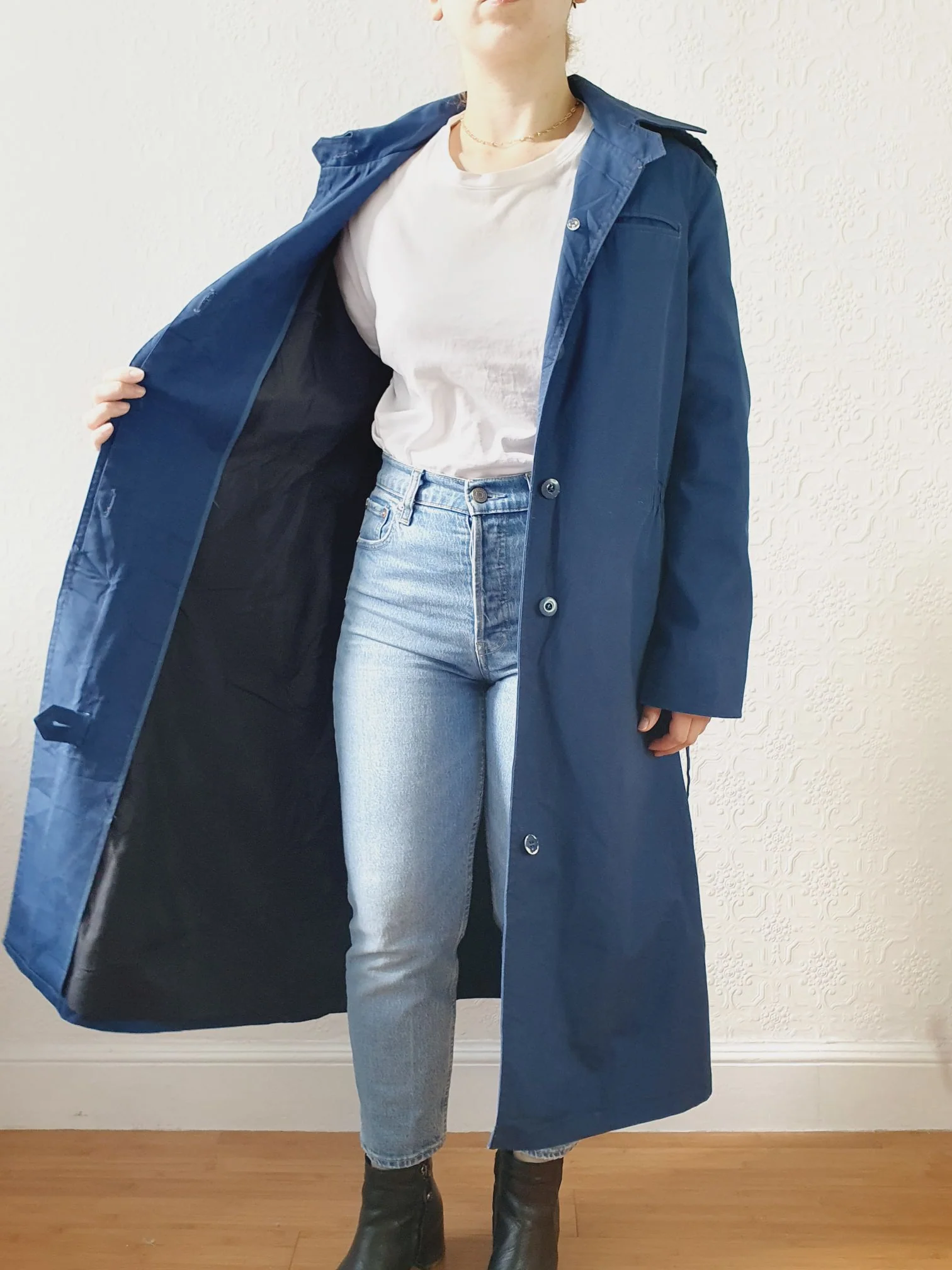 Vintage Blue Single Breasted Trench Coat with Detachable Hood - S/M - Image 12