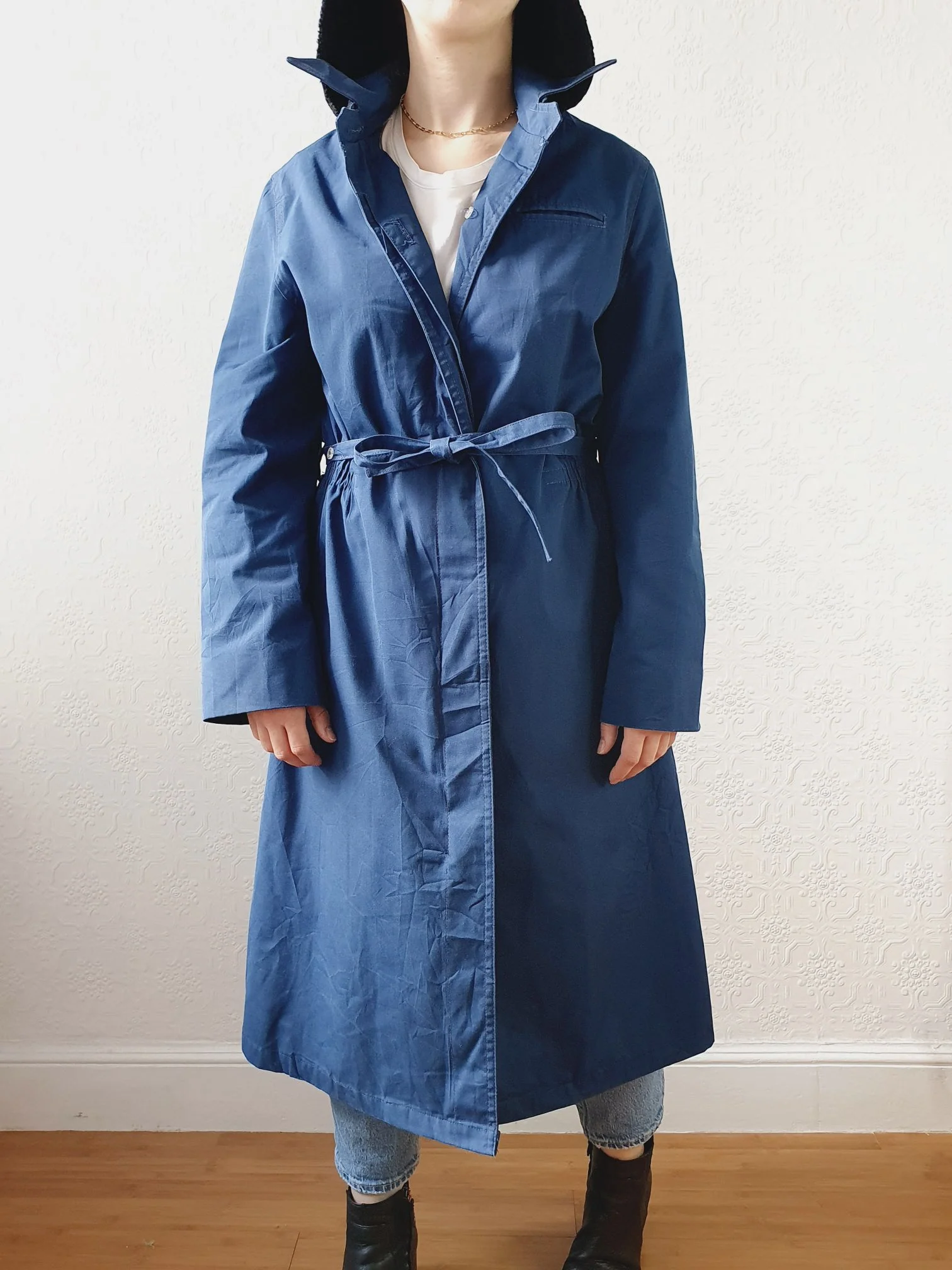 Vintage Blue Single Breasted Trench Coat with Detachable Hood - S/M - Image 15
