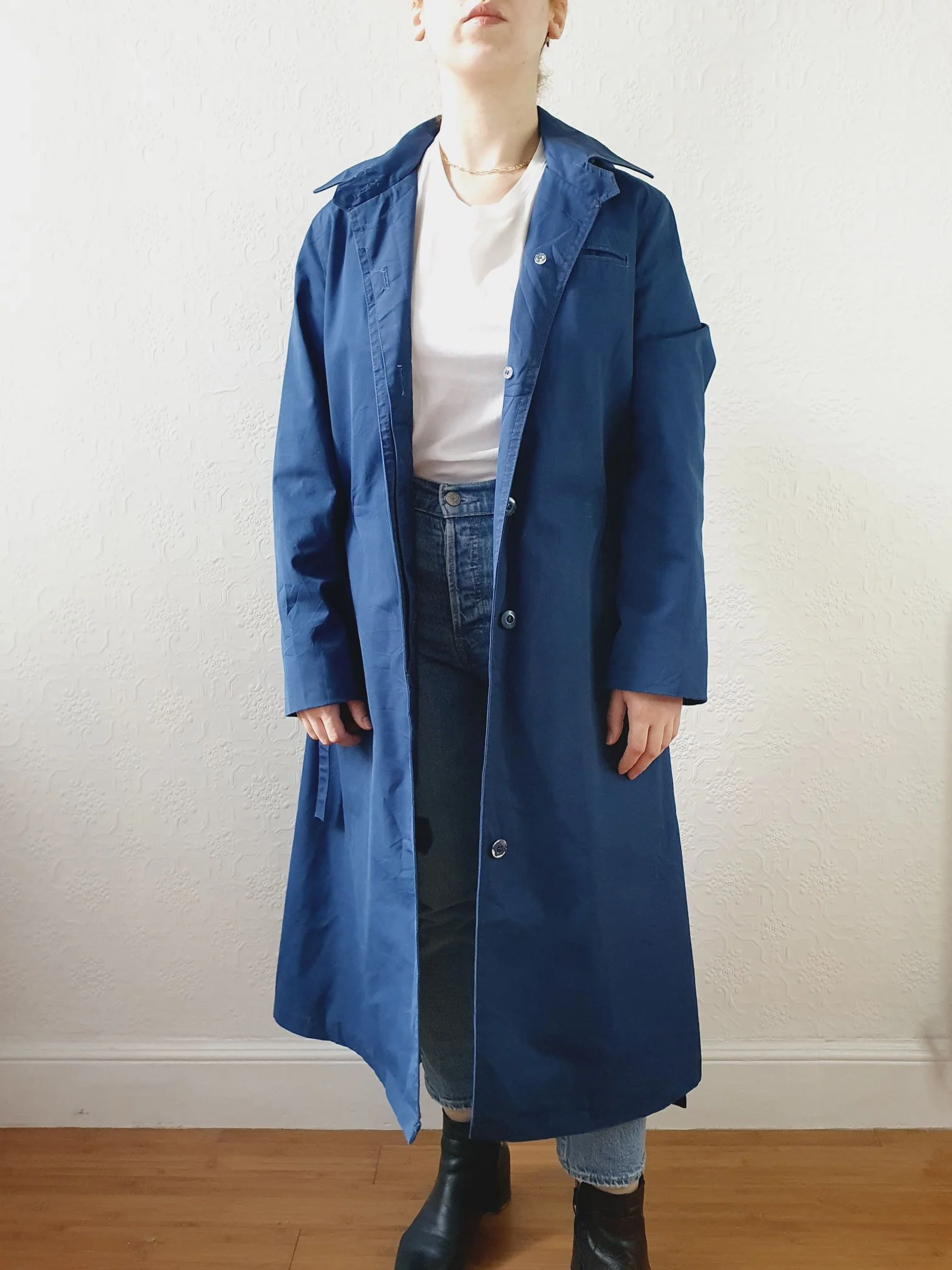 Vintage Blue Single Breasted Trench Coat with Detachable Hood - S/M - Image 2