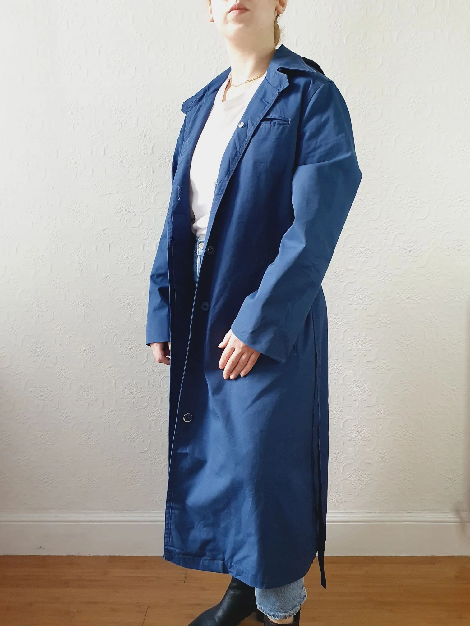 Vintage Blue Single Breasted Trench Coat with Detachable Hood - S/M - Image 3