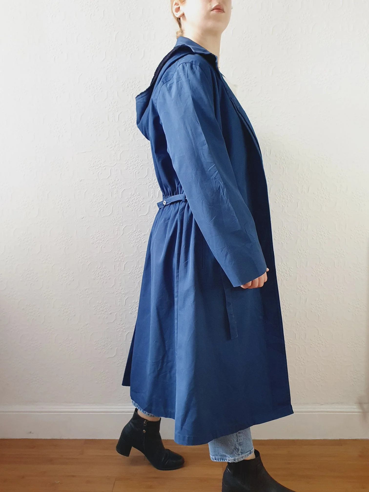 Vintage Blue Single Breasted Trench Coat with Detachable Hood - S/M - Image 5