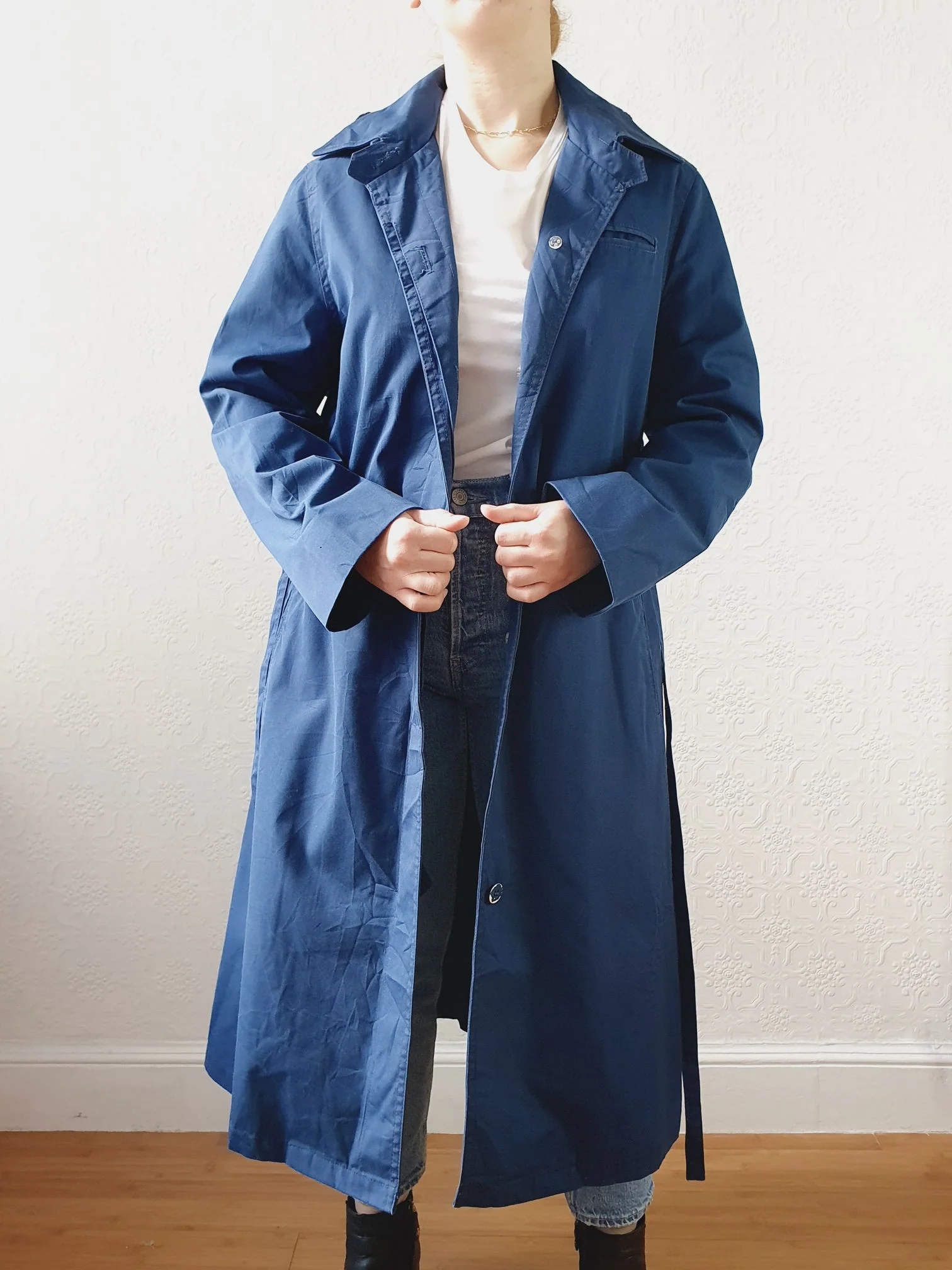 Vintage Blue Single Breasted Trench Coat with Detachable Hood - S/M - Image 6