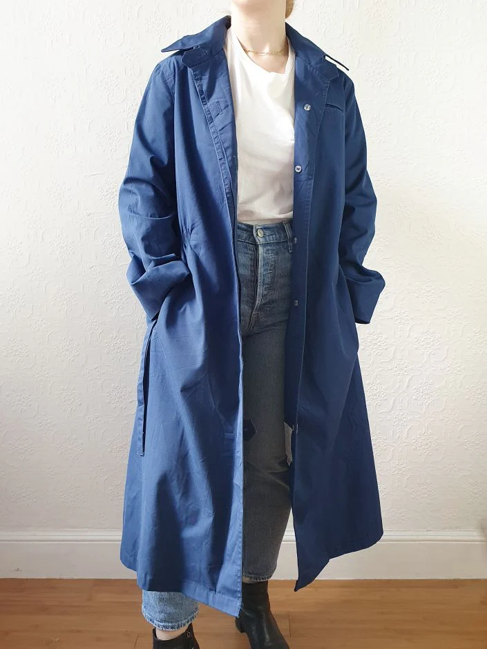 Vintage Blue Single Breasted Trench Coat with Detachable Hood - S/M - Image 7