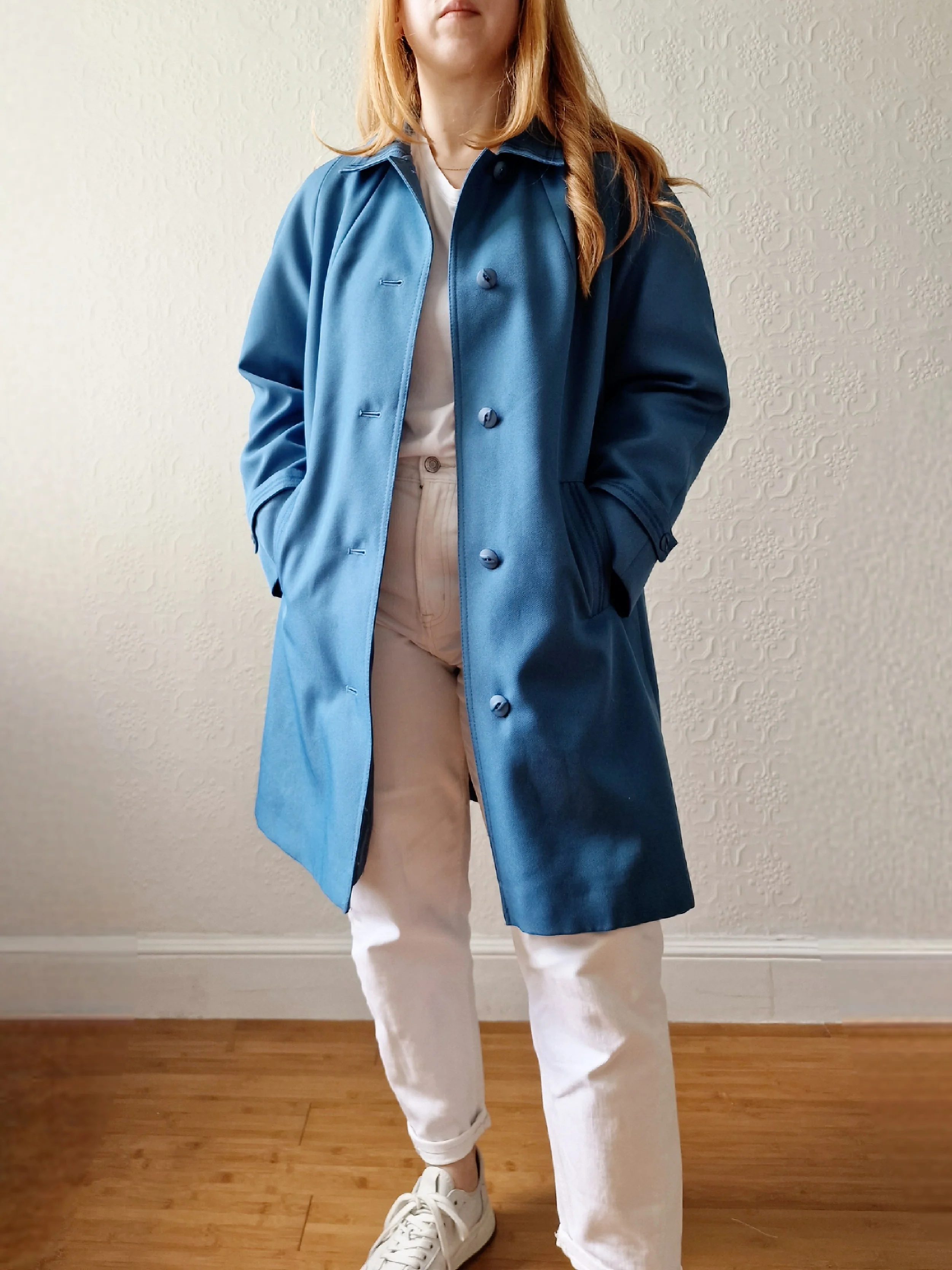 Vintage Blue Single Breasted Medium Length Trench Coat with Removable Lining - S/M - Image 6
