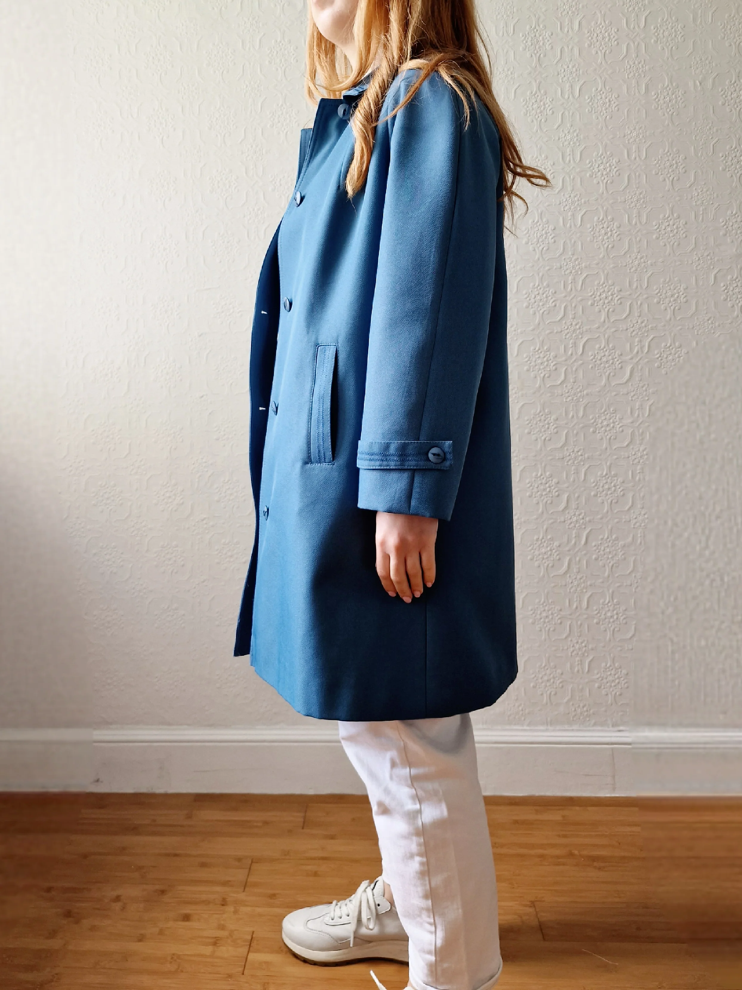 Vintage Blue Single Breasted Medium Length Trench Coat with Removable Lining - S/M - Image 7