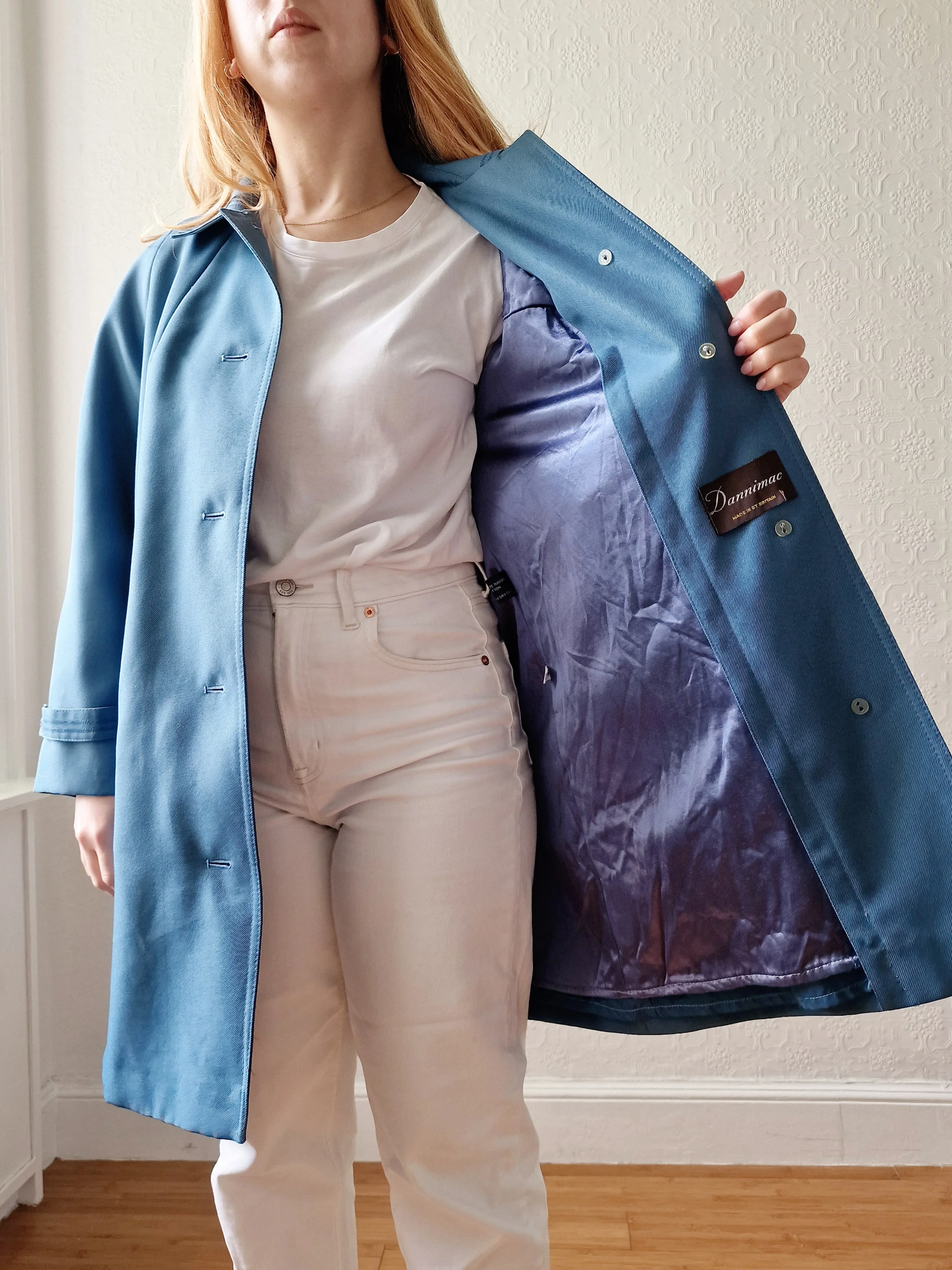Vintage Blue Single Breasted Medium Length Trench Coat with Removable Lining - S/M - Image 8