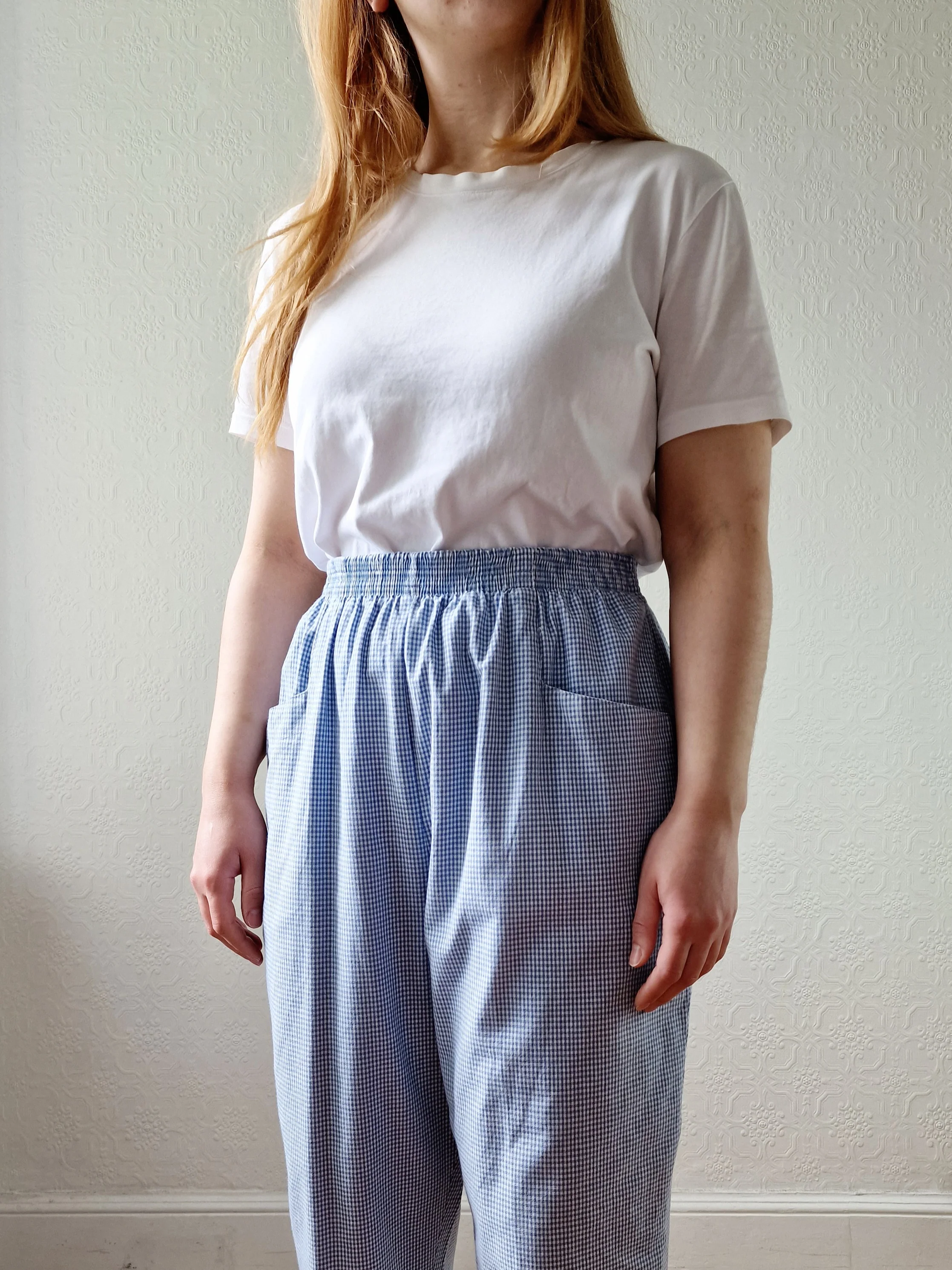 Vintage Blue & White Gingham High Waisted Cotton Trousers - M - Image 2