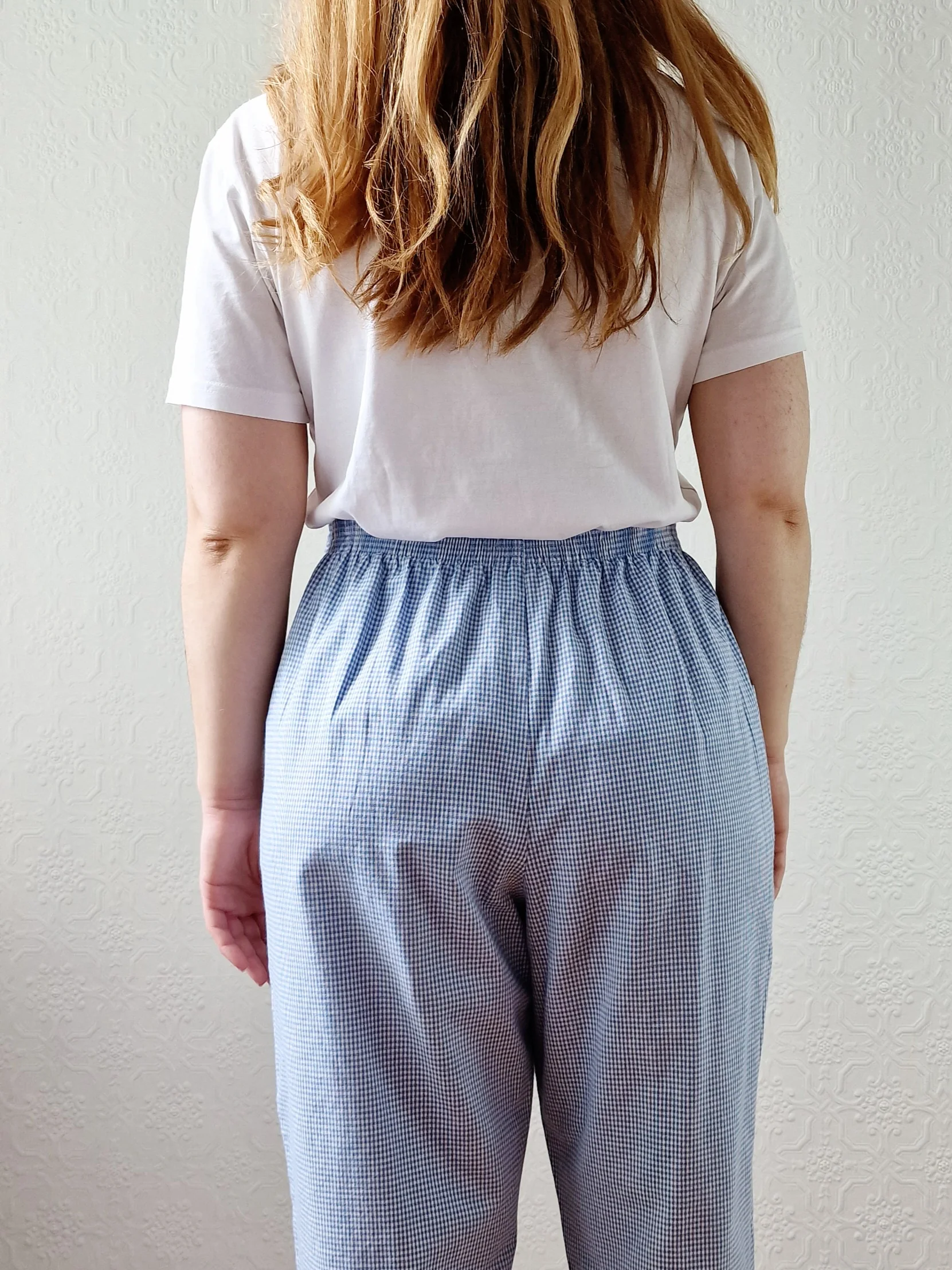 Vintage Blue & White Gingham High Waisted Cotton Trousers - M - Image 3