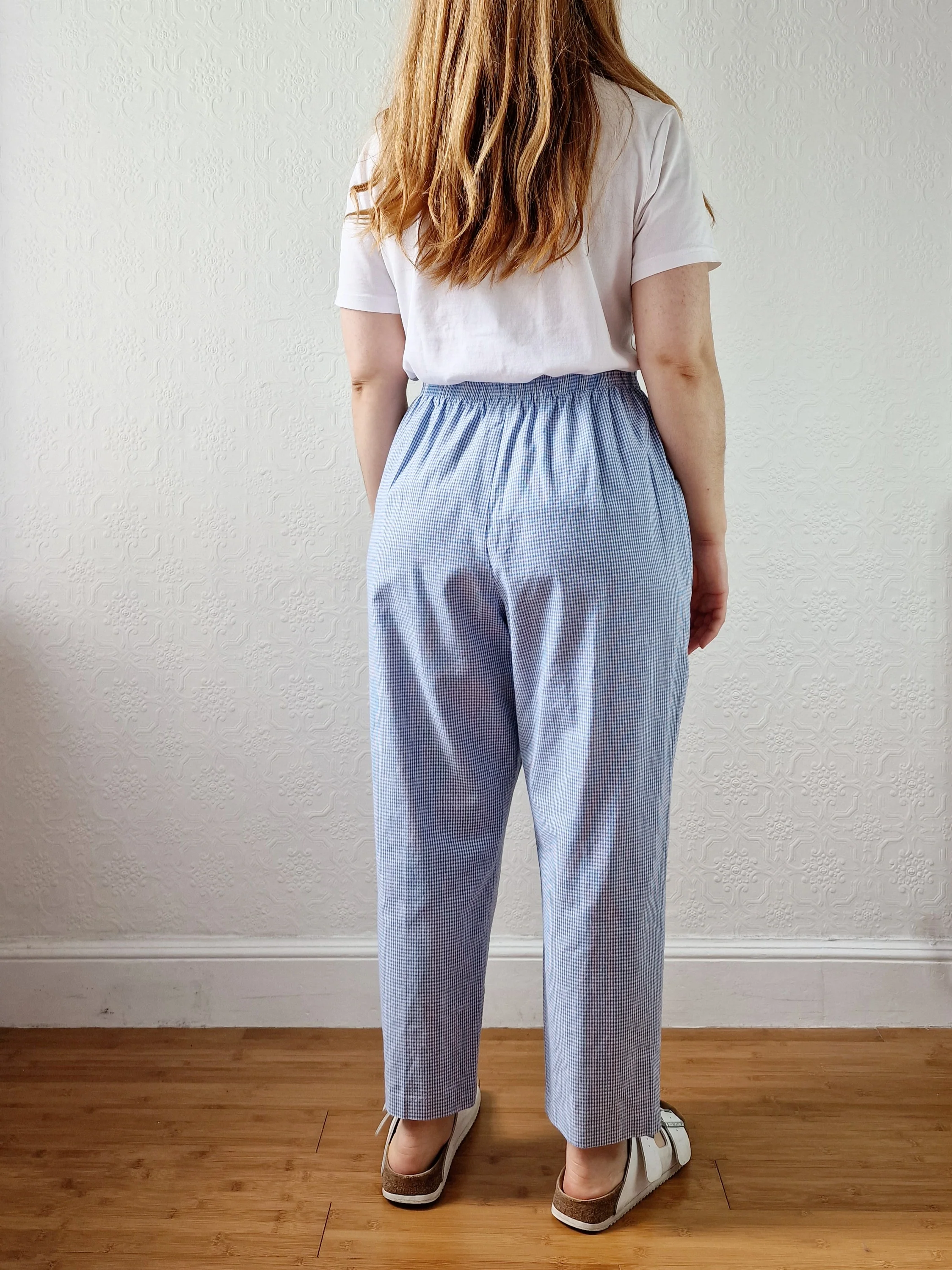 Vintage Blue & White Gingham High Waisted Cotton Trousers - M - Image 4