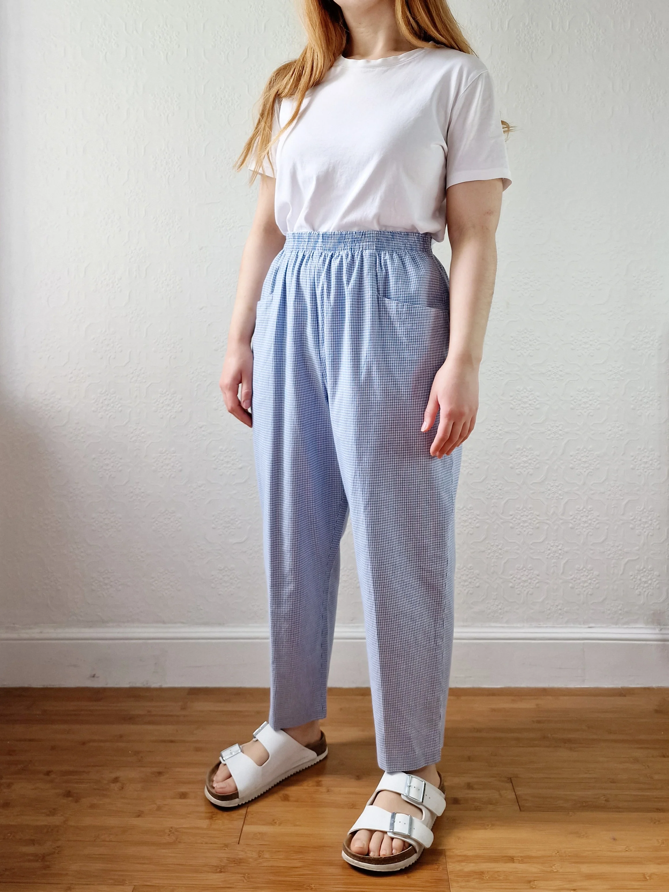 Vintage Blue & White Gingham High Waisted Cotton Trousers - M - Image 6